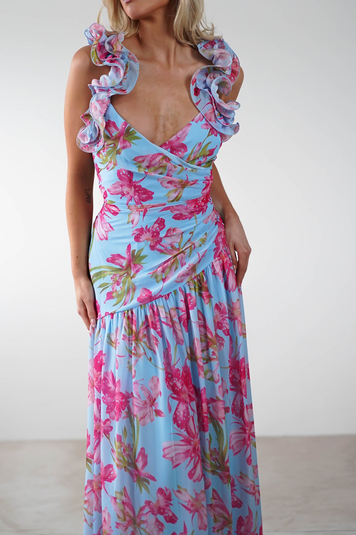 Karmen Ruffle Floral Midaxi Dress | Blue/Pink-Oh Hello Clothing