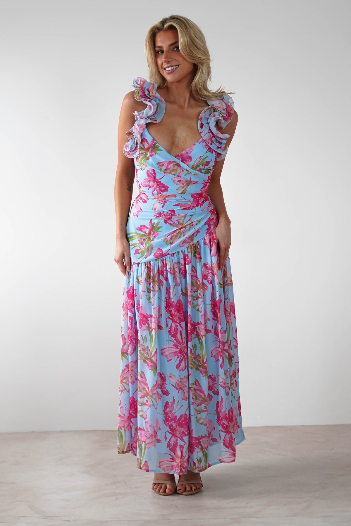Karmen Ruffle Floral Midaxi Dress | Blue/Pink-Oh Hello Clothing