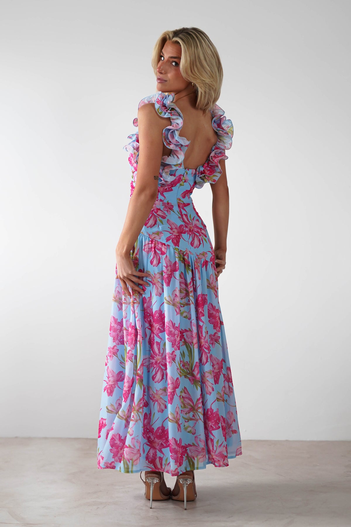 Karmen Ruffle Floral Midaxi Dress | Blue/Pink-Oh Hello Clothing