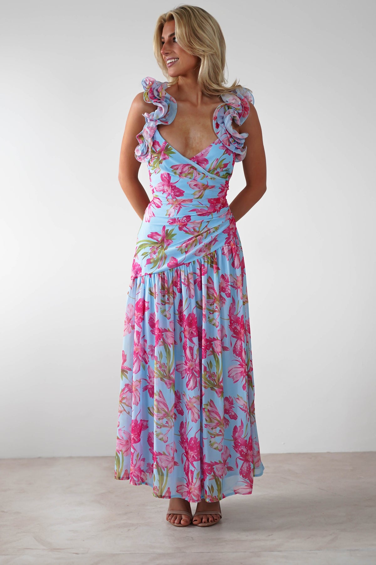 Karmen Ruffle Floral Midaxi Dress | Blue/Pink-Oh Hello Clothing