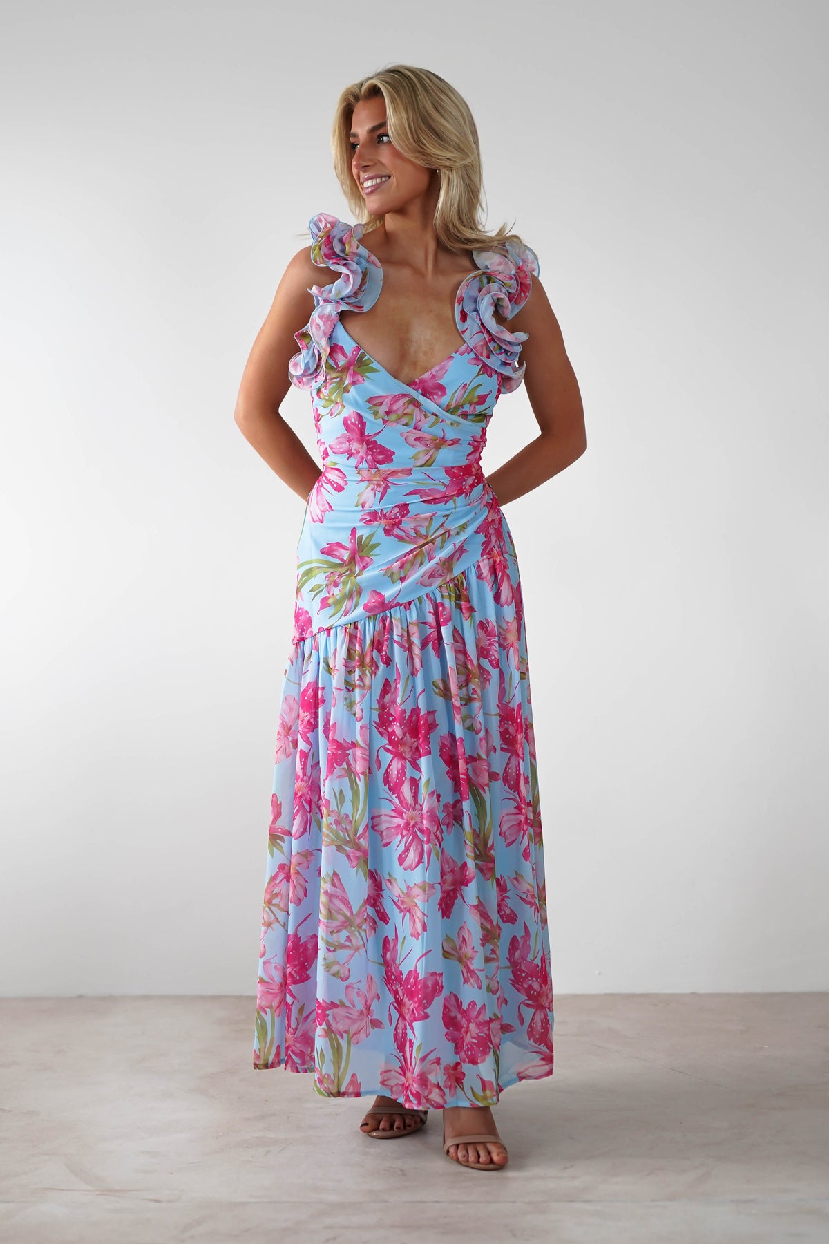 Karmen Ruffle Floral Midaxi Dress | Blue/Pink-Oh Hello Clothing