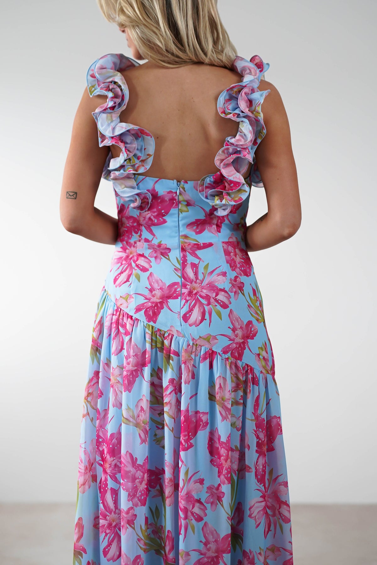 Karmen Ruffle Floral Midaxi Dress | Blue/Pink-Oh Hello Clothing