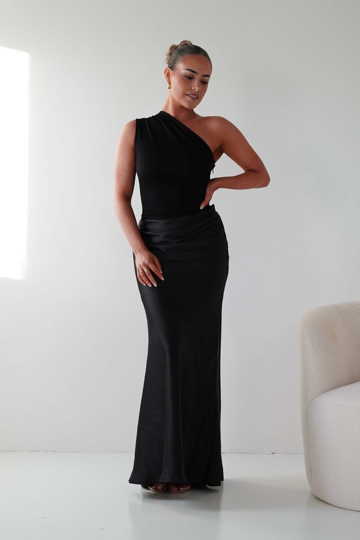 Kashia Draped Satin Maxi Dress | Black-Oh Hello Clothing