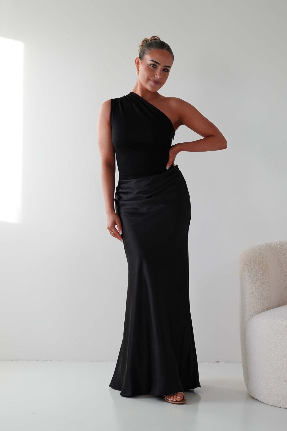 Kashia Draped Satin Maxi Dress | Black-Oh Hello Clothing
