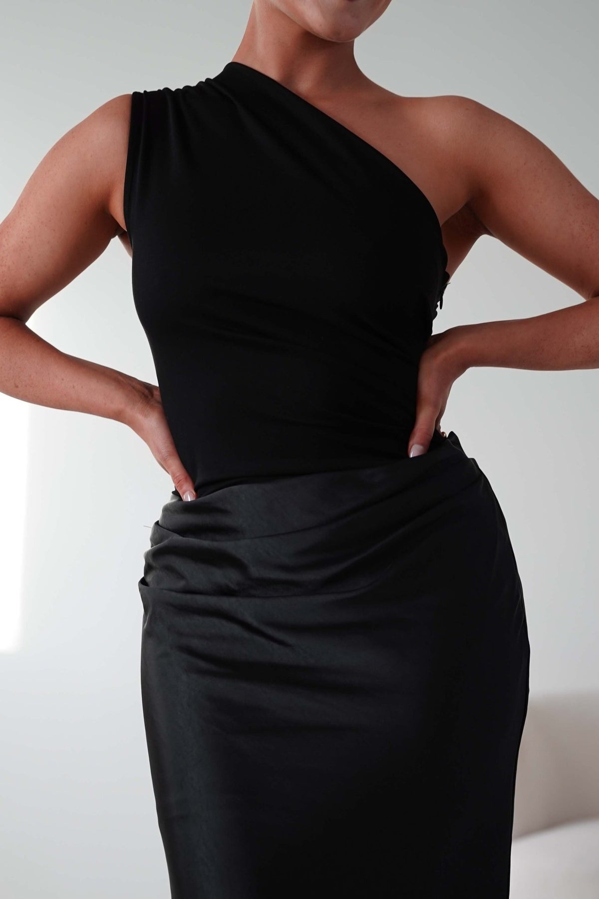 Kashia Draped Satin Maxi Dress | Black-Oh Hello Clothing