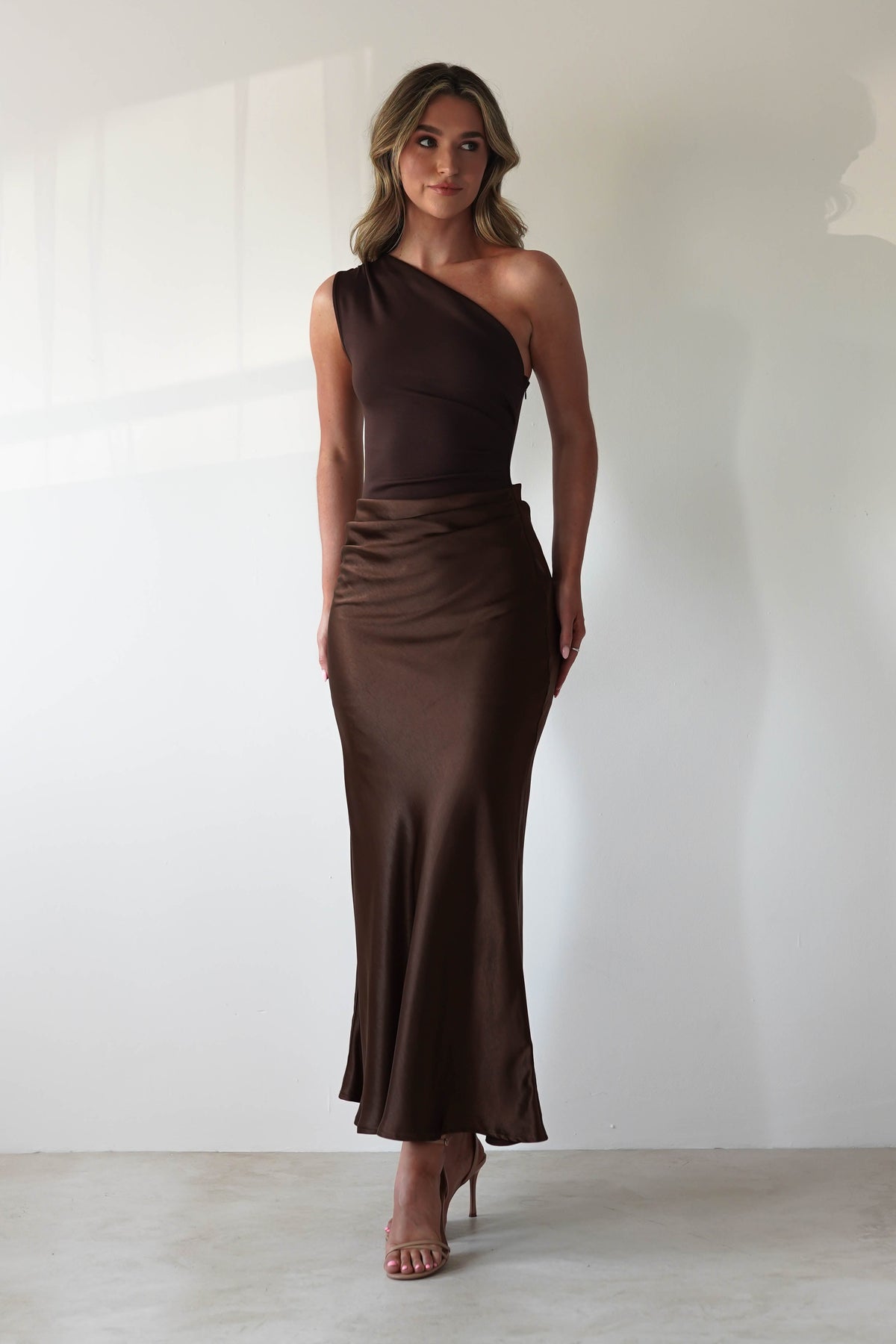 Kashia Draped Satin Maxi Dress | Brown-Oh Hello Clothing