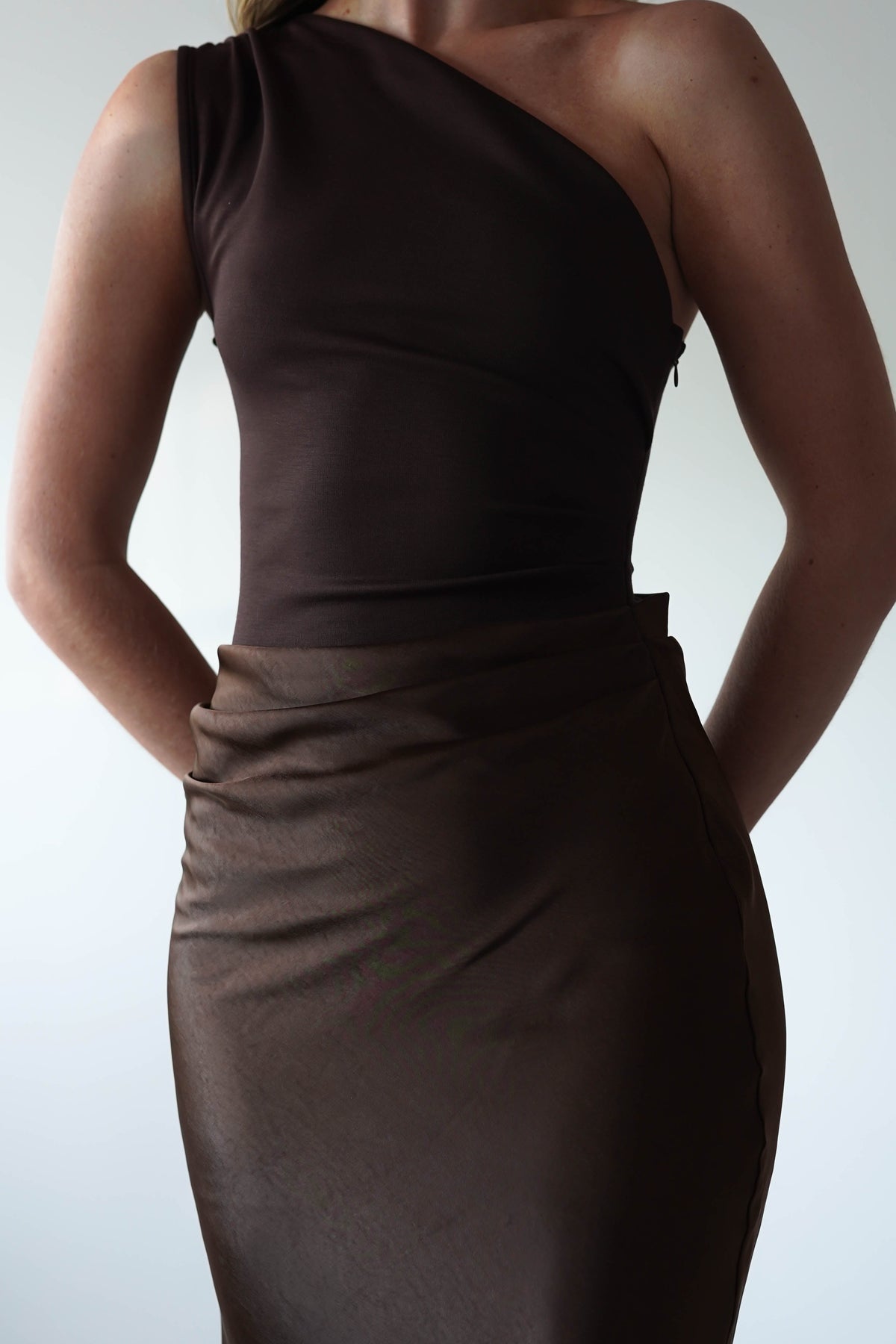 Kashia Draped Satin Maxi Dress | Brown-Oh Hello Clothing