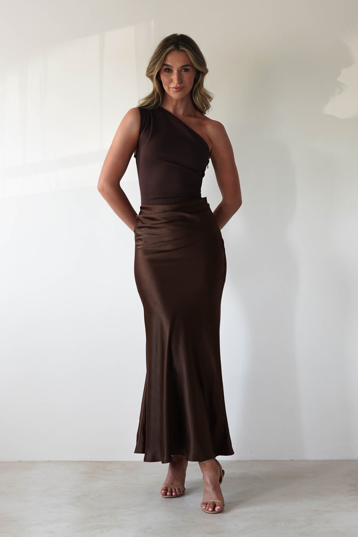 Kashia Draped Satin Maxi Dress | Brown-Oh Hello Clothing