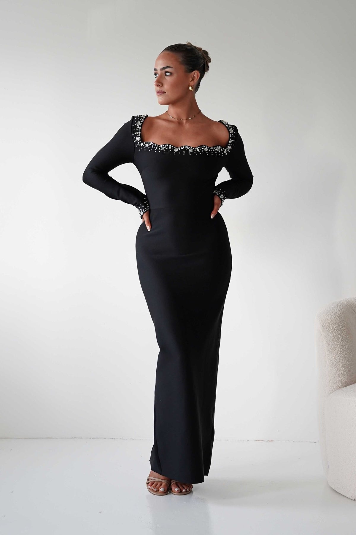 Katelyn Embellished Square Neck Maxi Dress | Black-Oh Hello Clothing