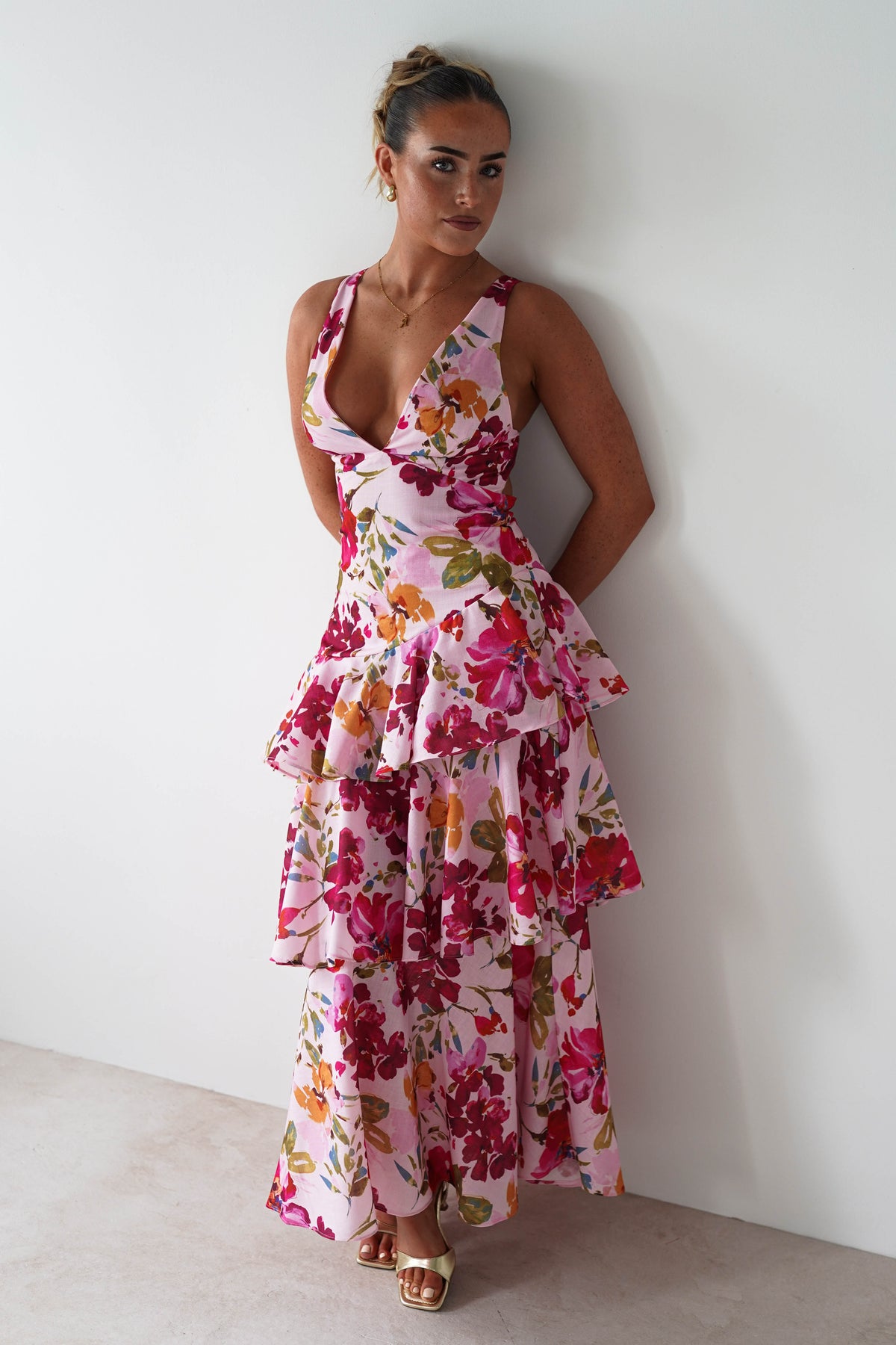 Katrina Floral Print Cotton Ruffle Maxi Dress | Pink-Oh Hello Clothing