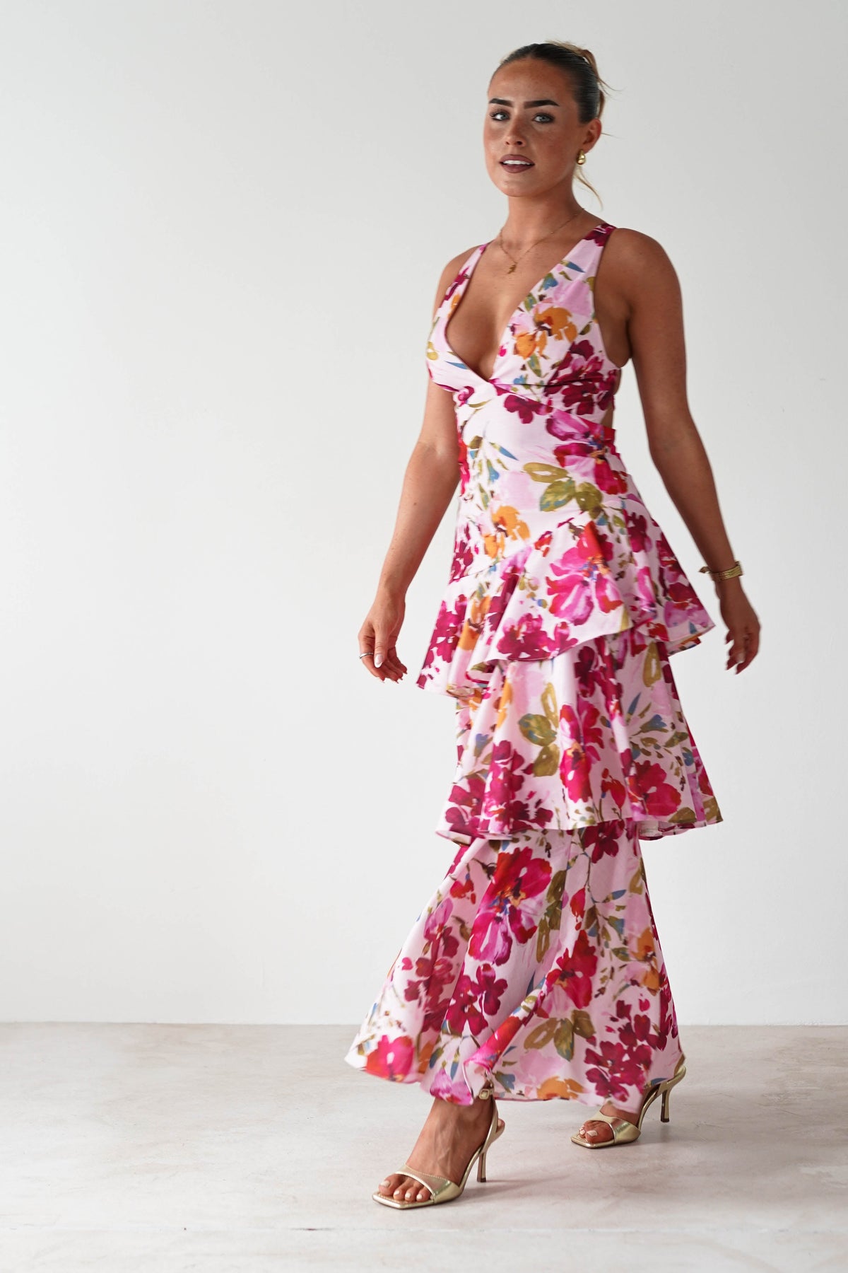Katrina Floral Print Cotton Ruffle Maxi Dress | Pink-Oh Hello Clothing