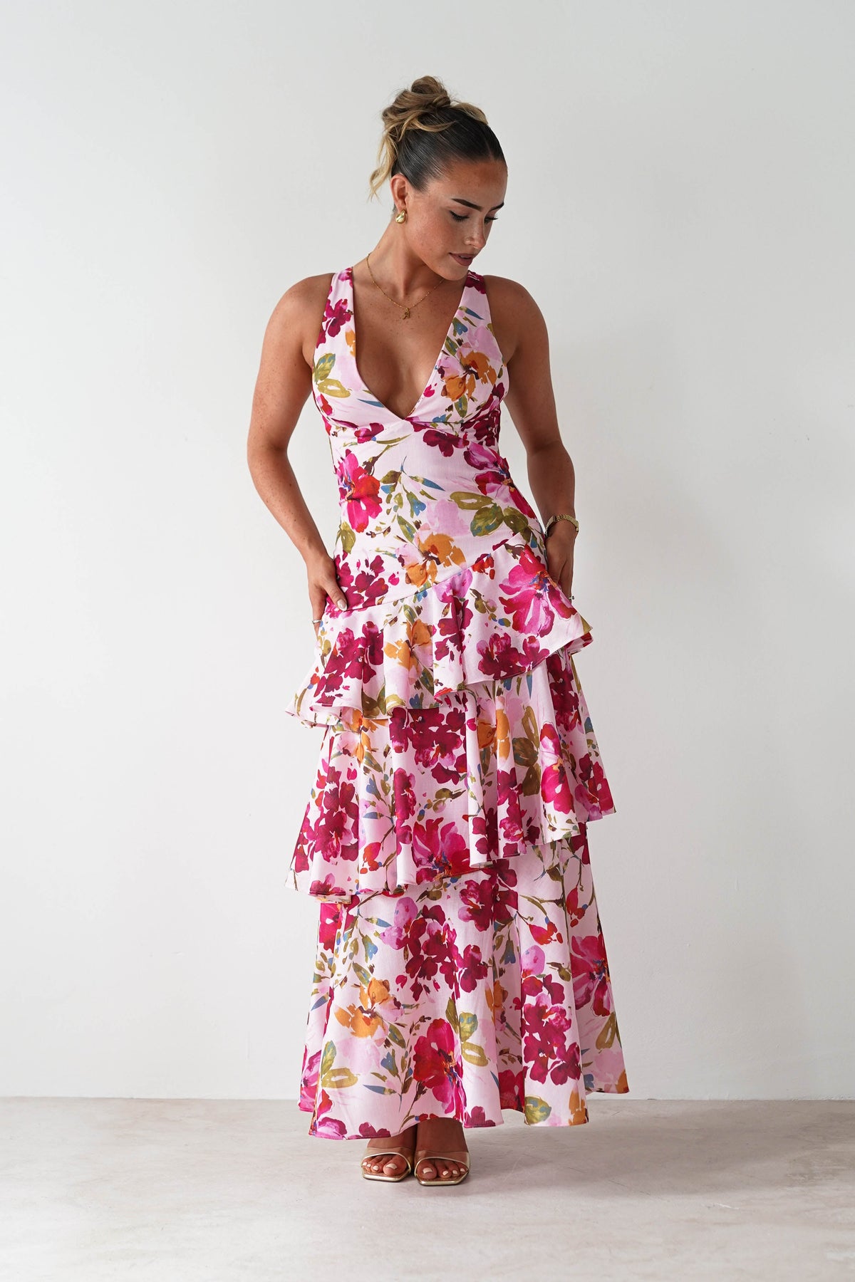 Katrina Floral Print Cotton Ruffle Maxi Dress | Pink-Oh Hello Clothing