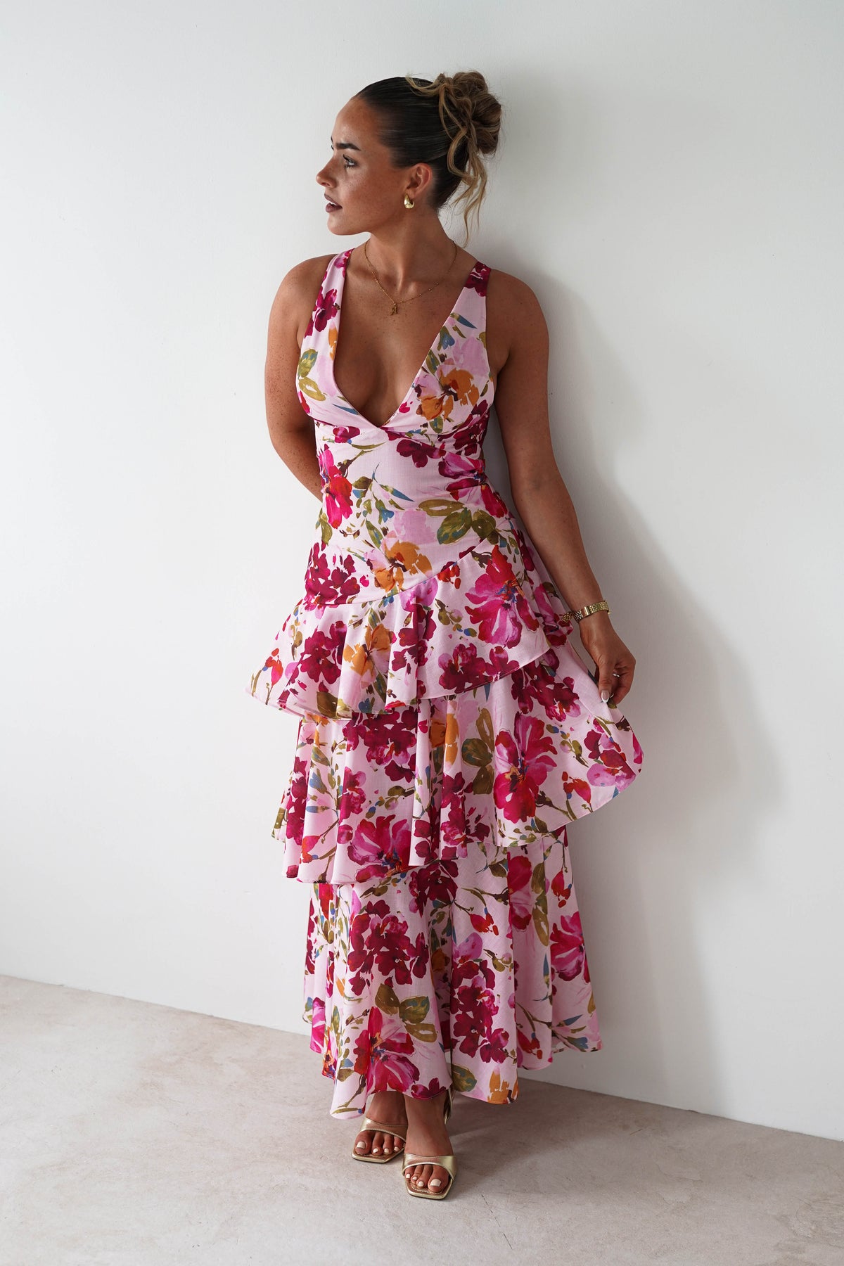 Katrina Floral Print Cotton Ruffle Maxi Dress | Pink-Oh Hello Clothing