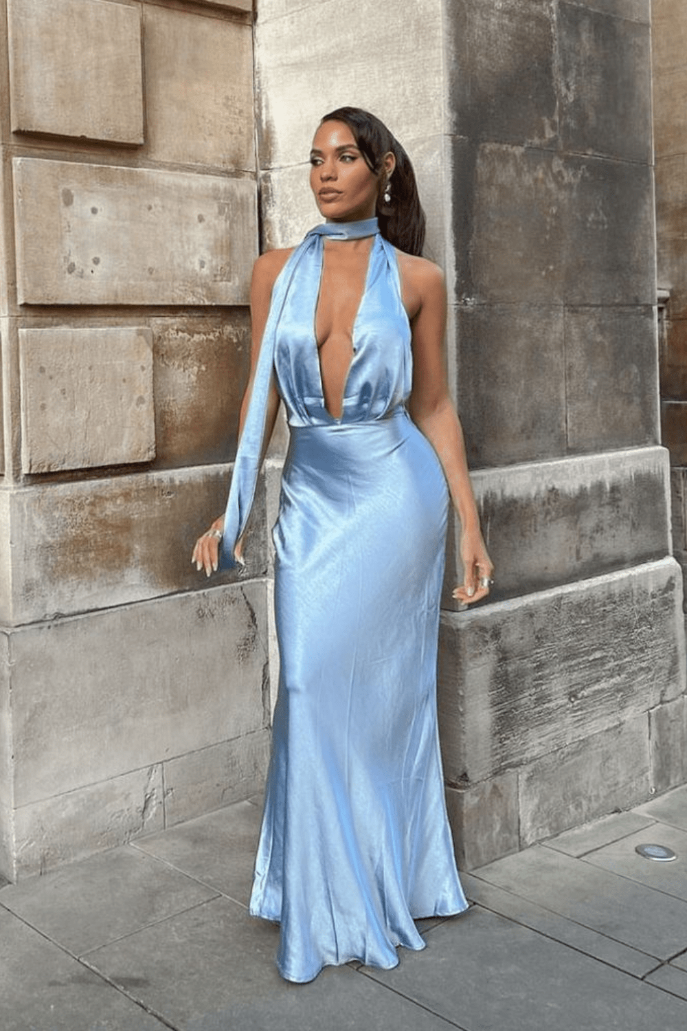 Kaylah Satin Halter Neck Maxi Dress | Light Blue-Oh Hello Clothing