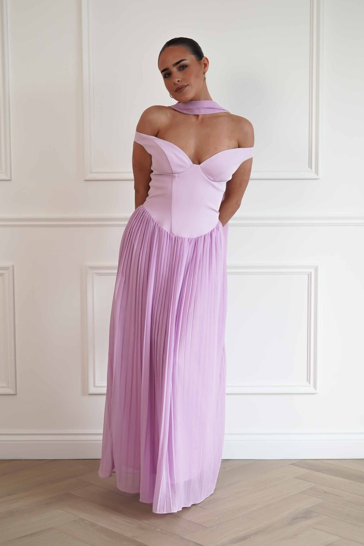 Kelsea Off The Shoulder Pleated Maxi Dress | Lilac-Oh Hello Clothing
