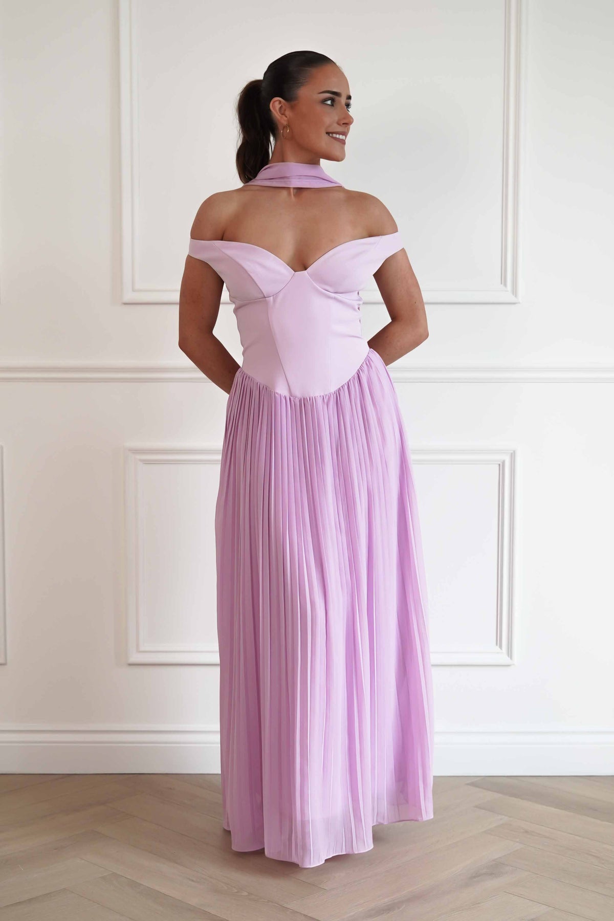 Kelsea Off The Shoulder Pleated Maxi Dress | Lilac-Oh Hello Clothing