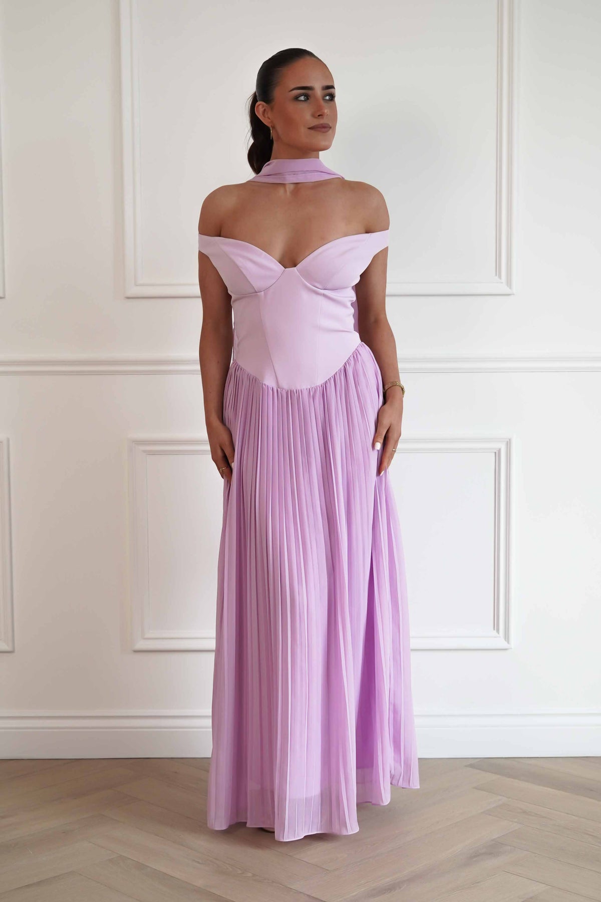 Kelsea Off The Shoulder Pleated Maxi Dress | Lilac-Oh Hello Clothing
