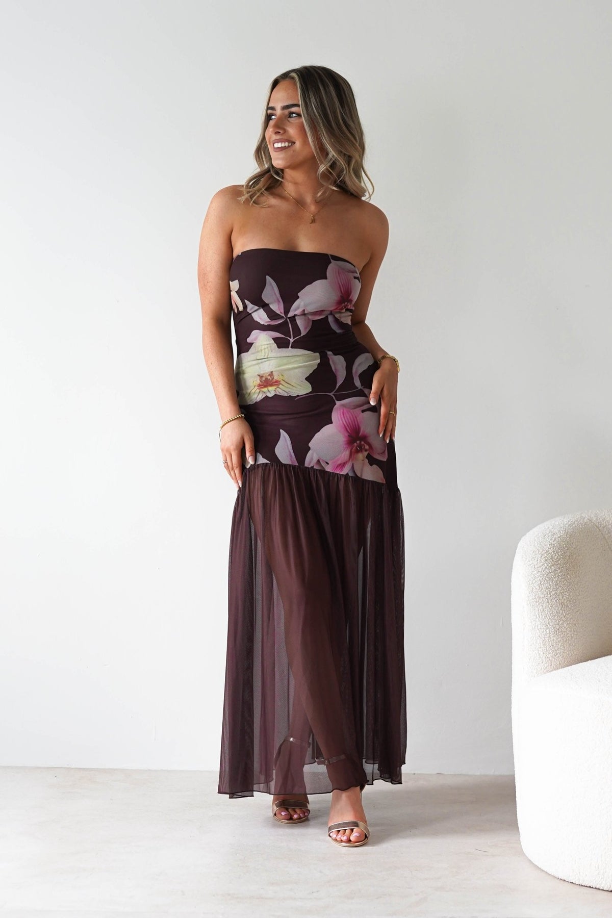 Khalani Strapless Midaxi Dress | Brown Floral-Oh Hello Clothing