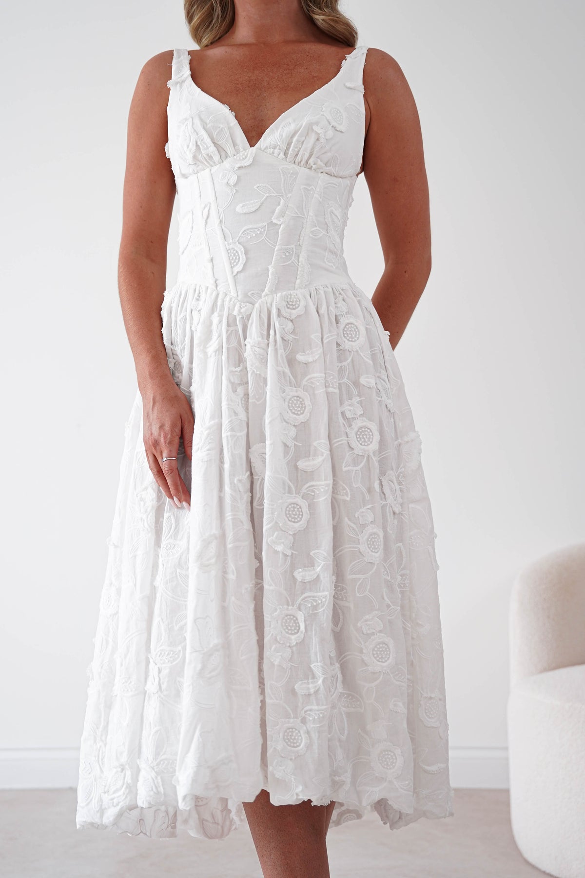 Kiana Floral Textured Midi Dress | White-Oh Hello Clothing