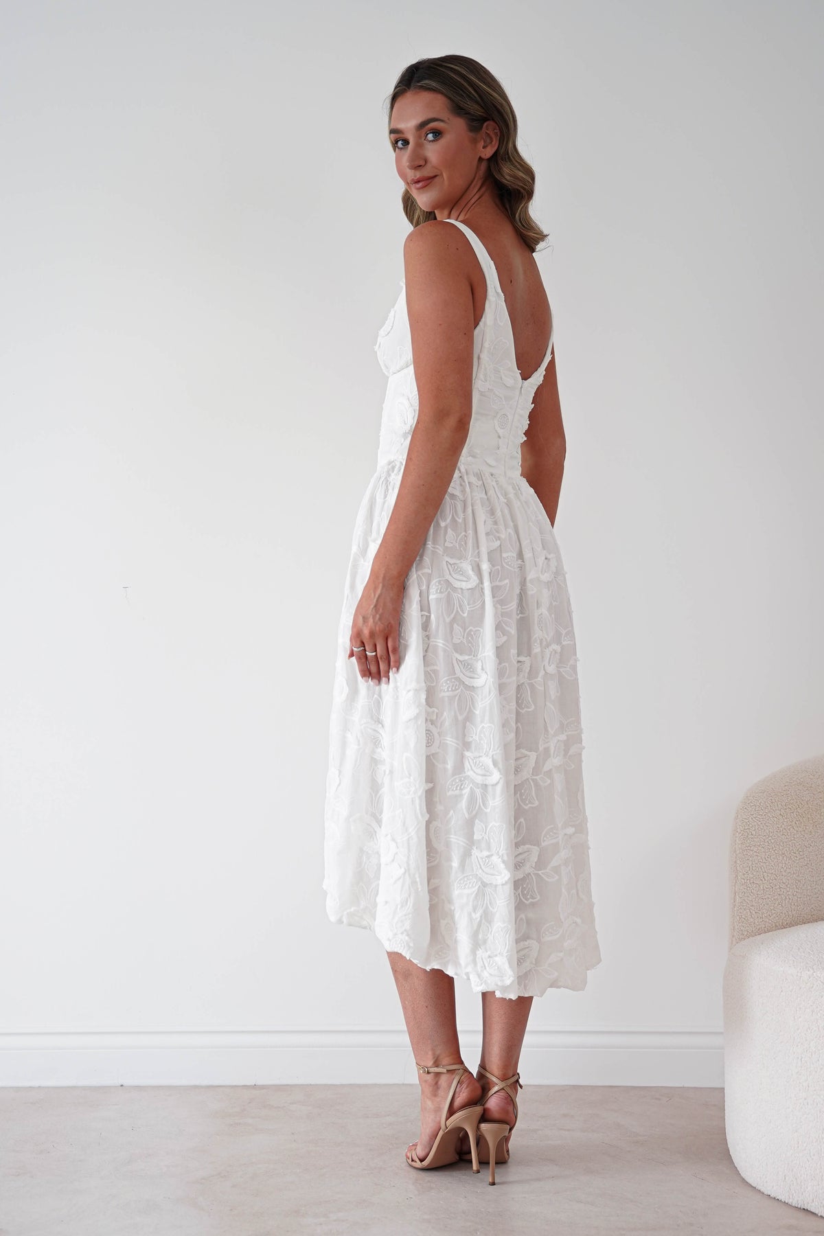 Kiana Floral Textured Midi Dress | White-Oh Hello Clothing