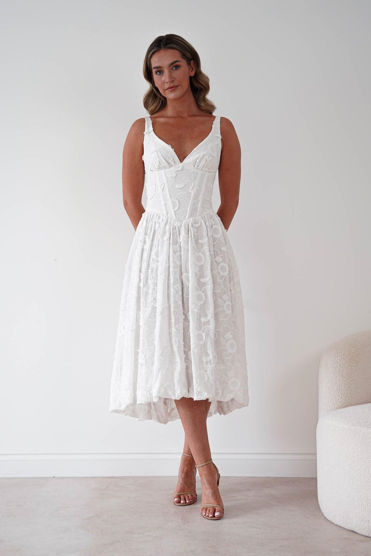 Kiana Floral Textured Midi Dress | White-Oh Hello Clothing
