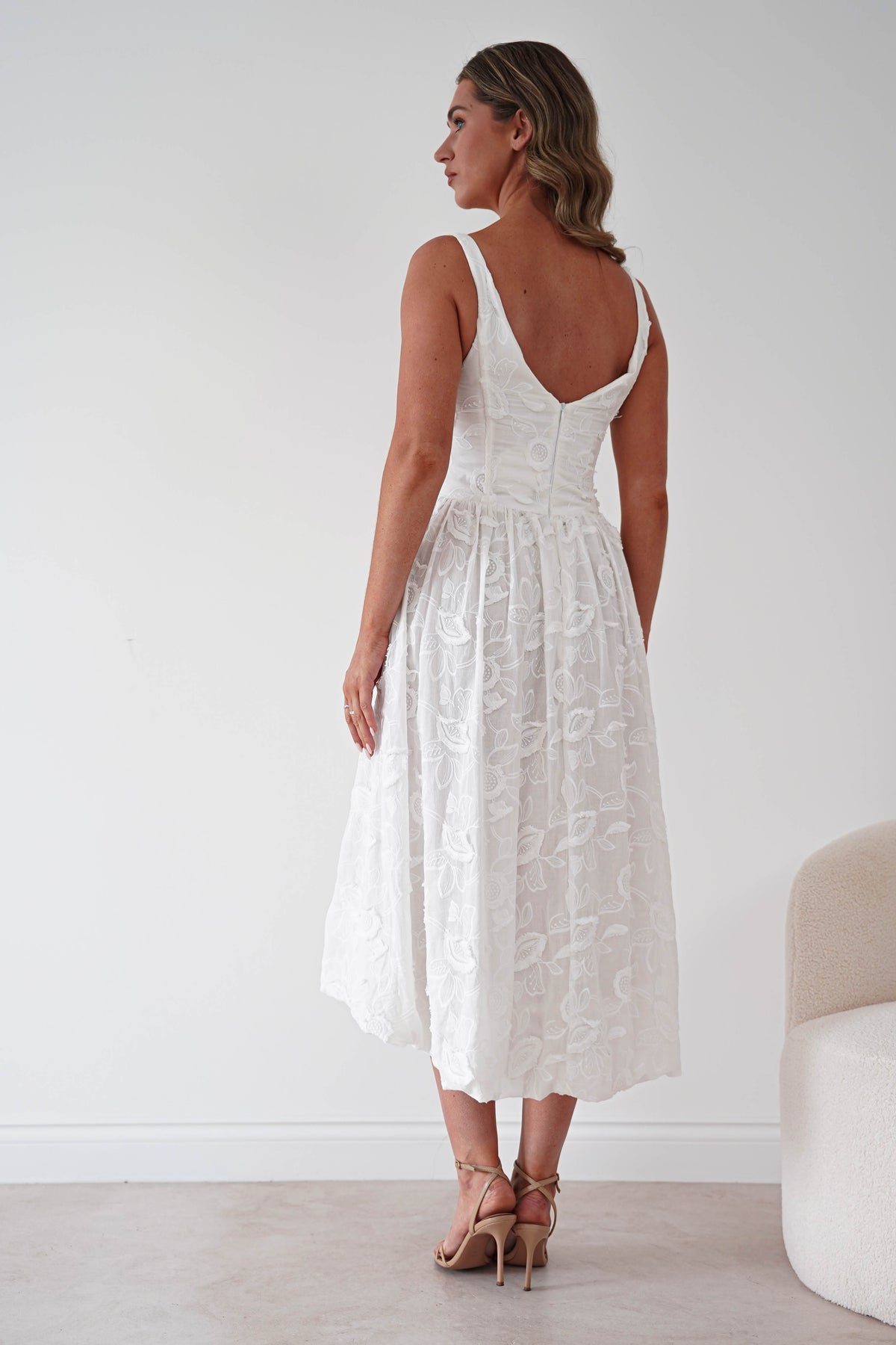 Kiana Floral Textured Midi Dress | White-Oh Hello Clothing