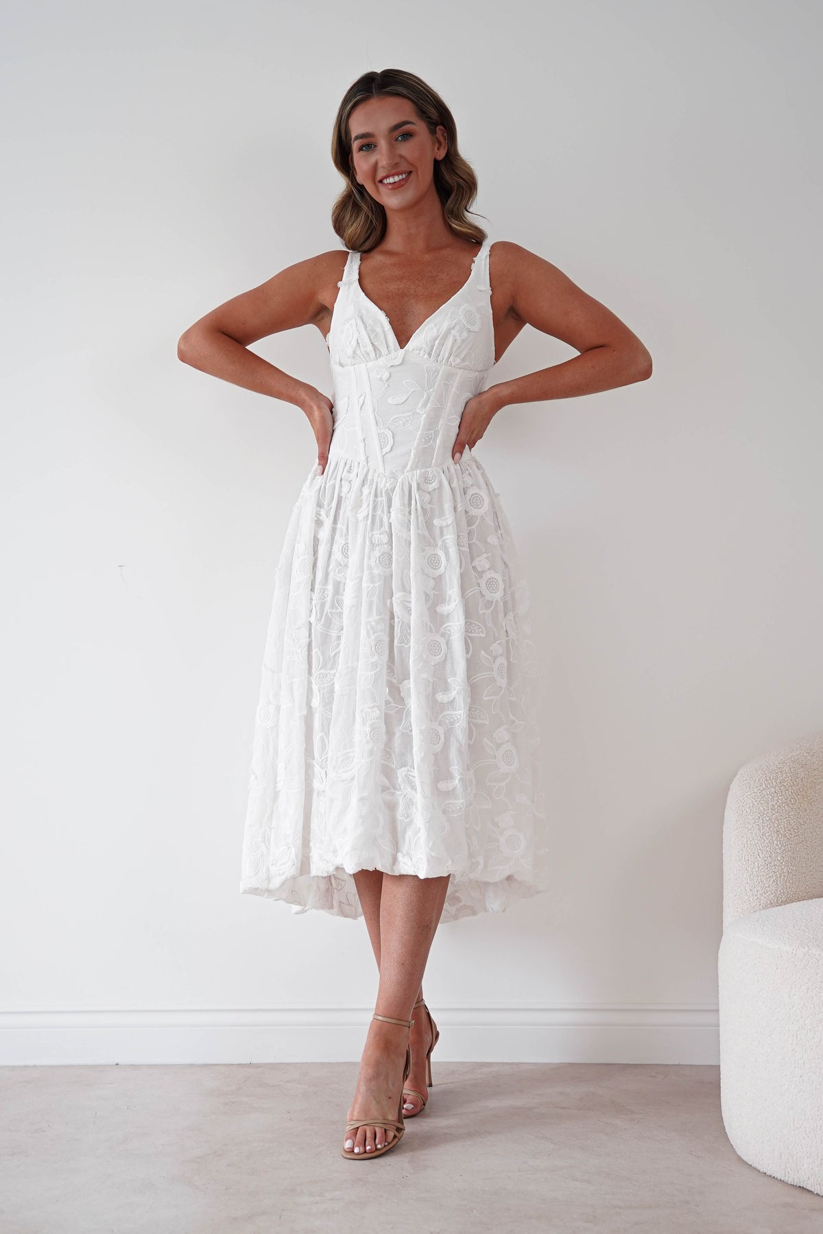 Kiana Floral Textured Midi Dress | White-Oh Hello Clothing