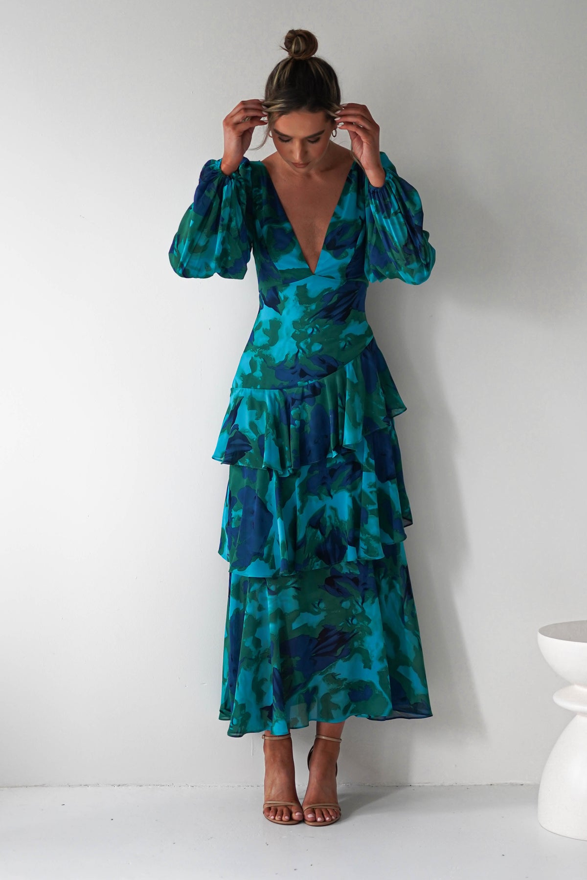 Kiyah Long Sleeve Maxi Dress | Green Print-Oh Hello Clothing