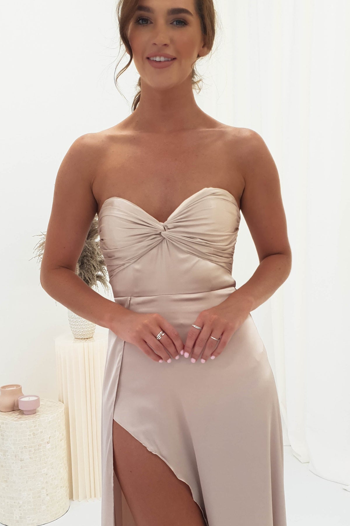 Krysta Soft Satin Long Strapless Gown | Champagne-Oh Hello Clothing