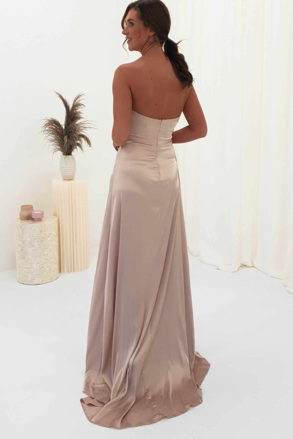 Krysta Soft Satin Long Strapless Gown | Champagne-Oh Hello Clothing