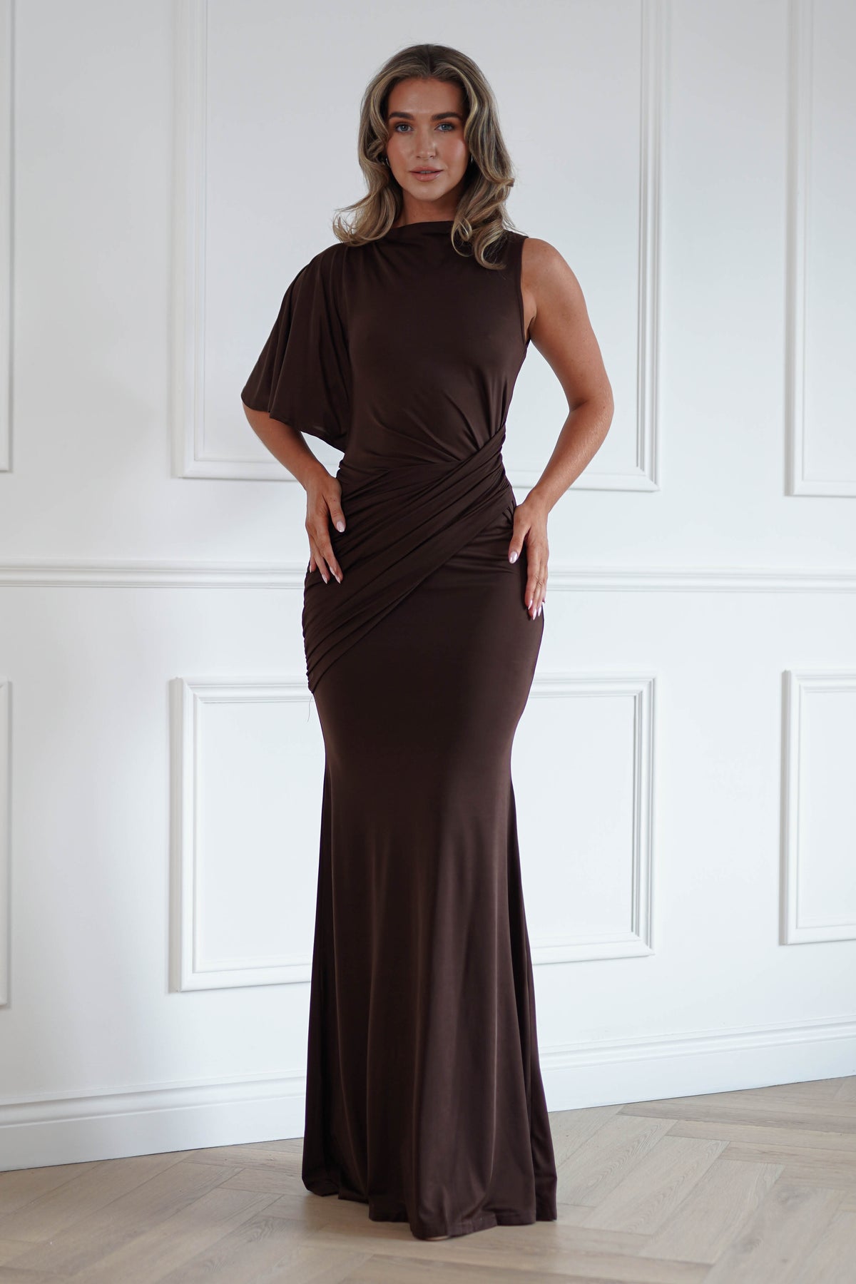 Lainey One Asymmetric One Shoulder Maxi Dress | Brown