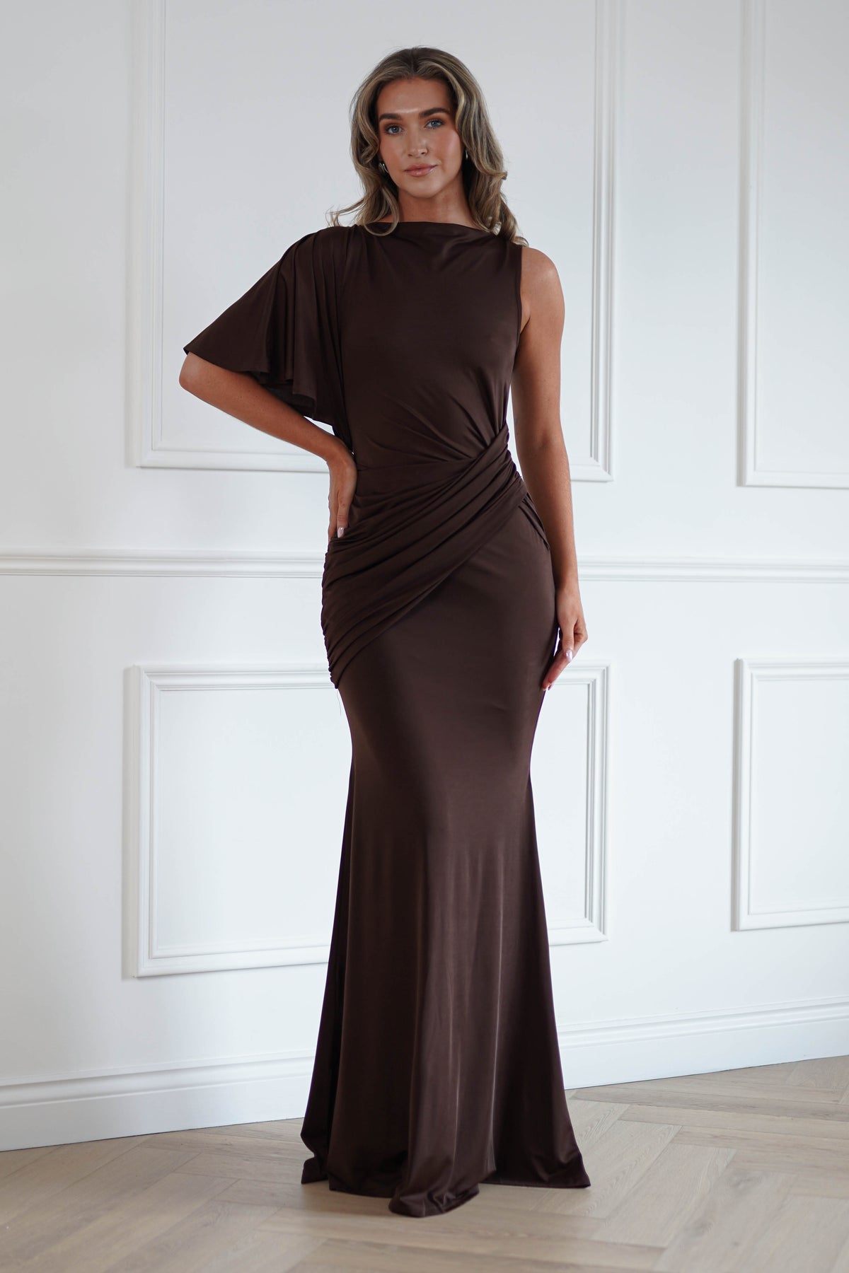 Oh Hello Clothing Women > Clothing > Dresses Lainey One Asymmetric One Shoulder Maxi Dress | Brown