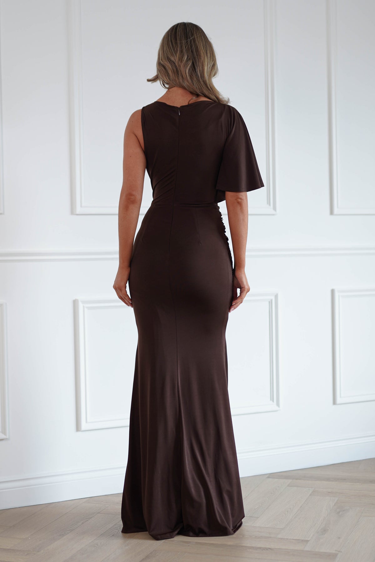 Oh Hello Clothing Women > Clothing > Dresses Lainey One Asymmetric One Shoulder Maxi Dress | Brown