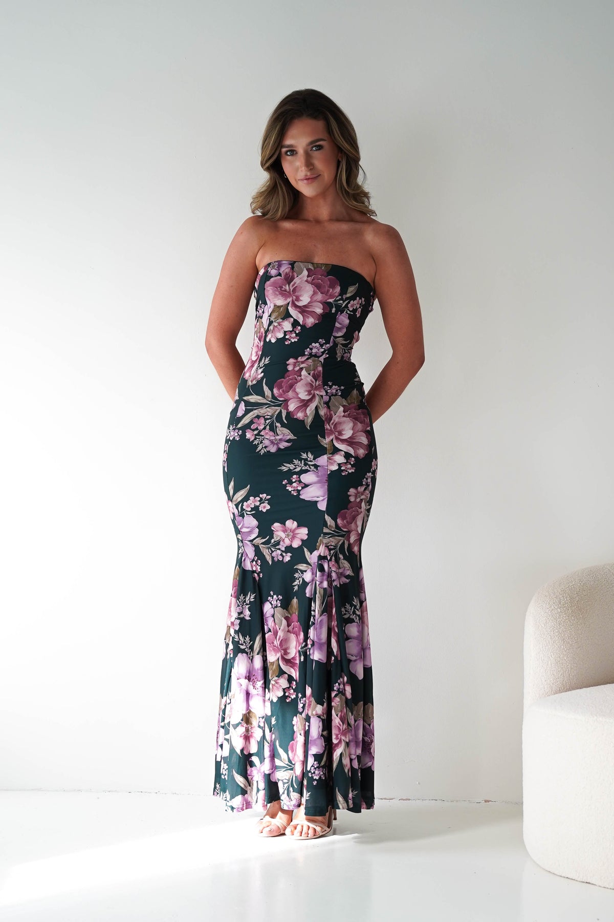 Lara Strapless Bodycon Floral Maxi Dress | Green-Oh Hello Clothing