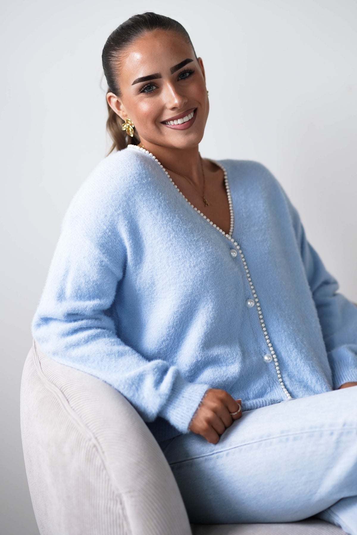 Leela Pearl Detail Cardigan | Blue-Oh Hello Clothing