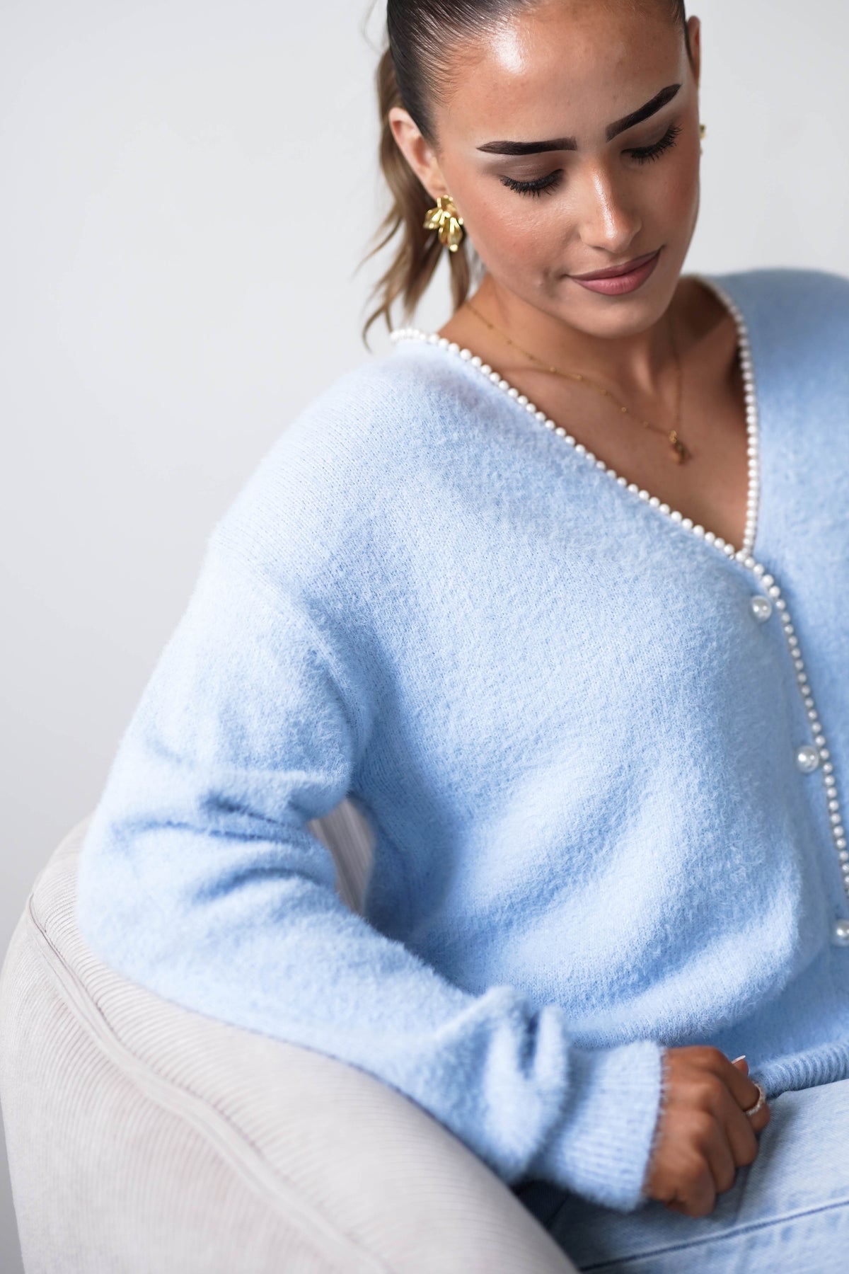 Leela Pearl Detail Cardigan | Blue-Oh Hello Clothing