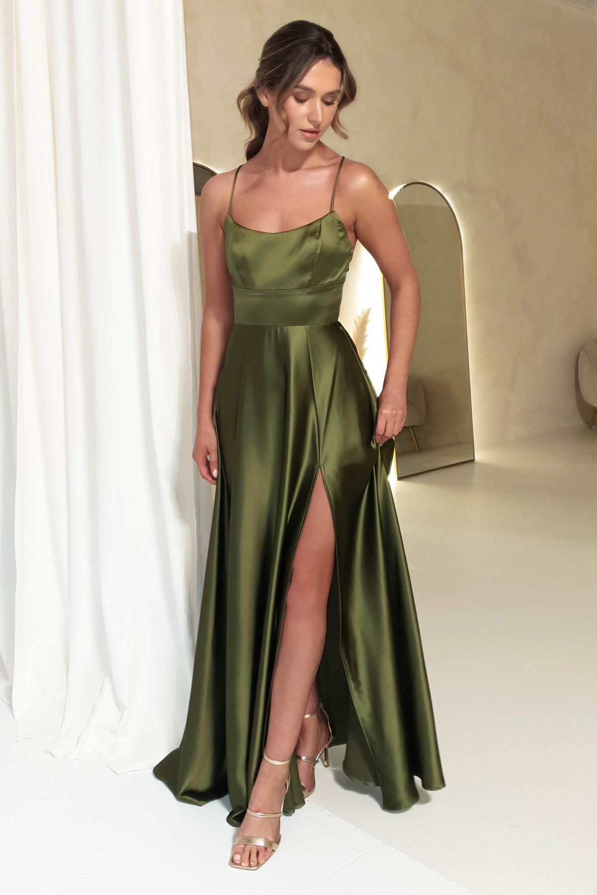 Leelie Silky Satin Maxi Gown | Olive-Oh Hello Clothing