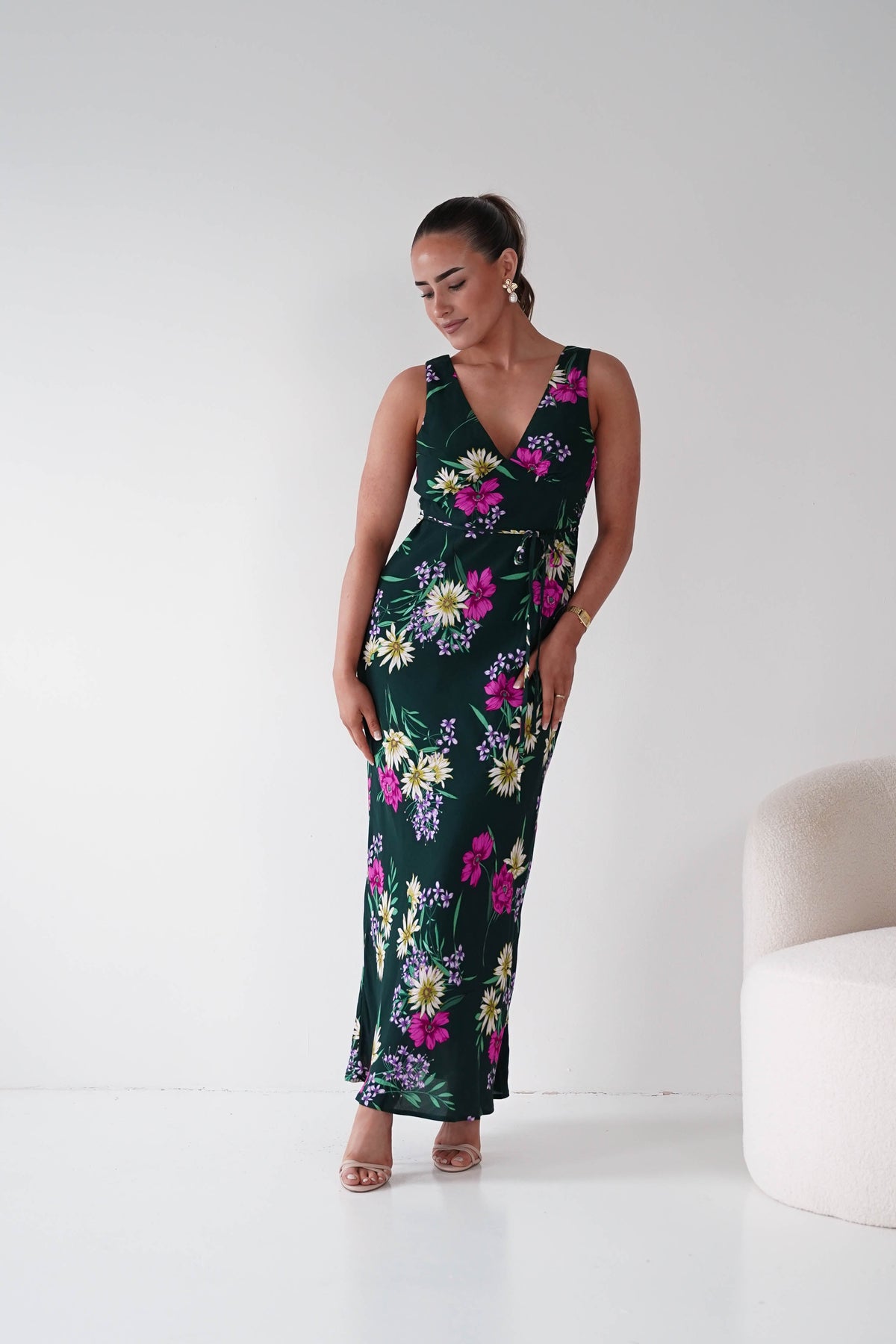 Liana Floral Print V-Neck Maxi Dress | Green-Oh Hello Clothing