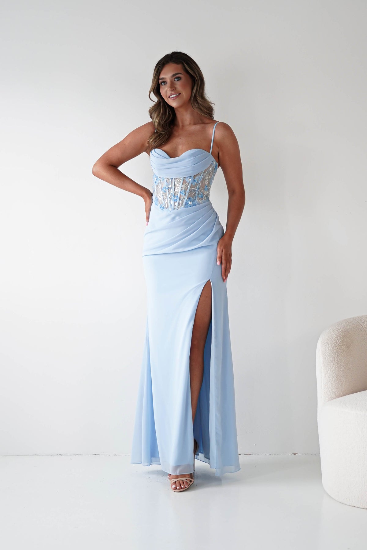Lissy Floral Beaded Corset Maxi Gown | Blue-Oh Hello Clothing