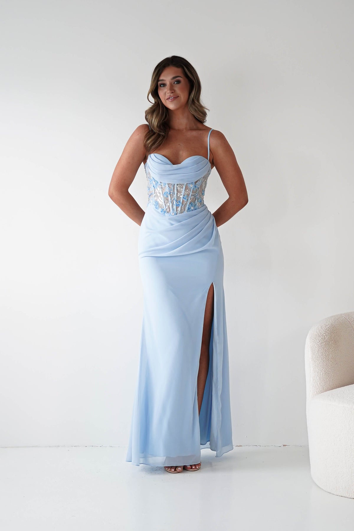 Lissy Floral Beaded Corset Maxi Gown | Blue-Oh Hello Clothing
