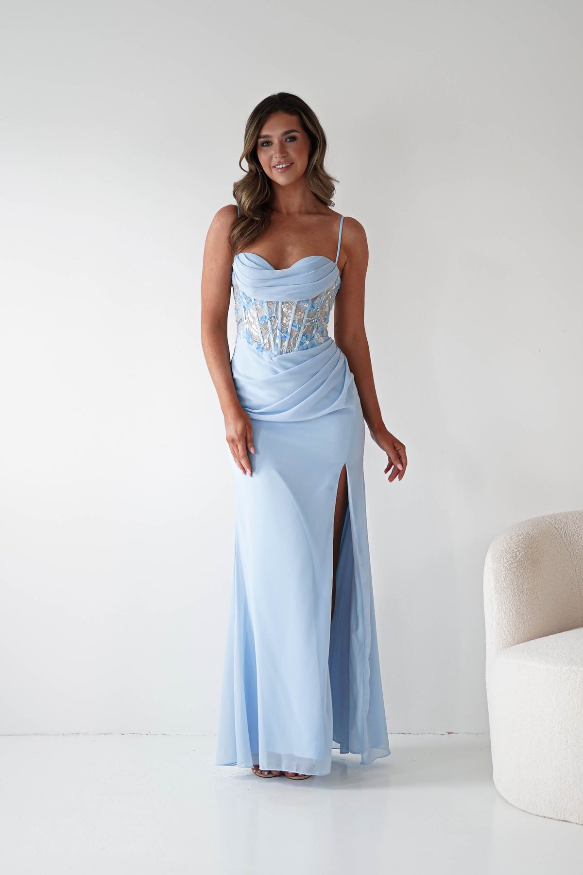 Lissy Floral Beaded Corset Maxi Gown | Blue-Oh Hello Clothing