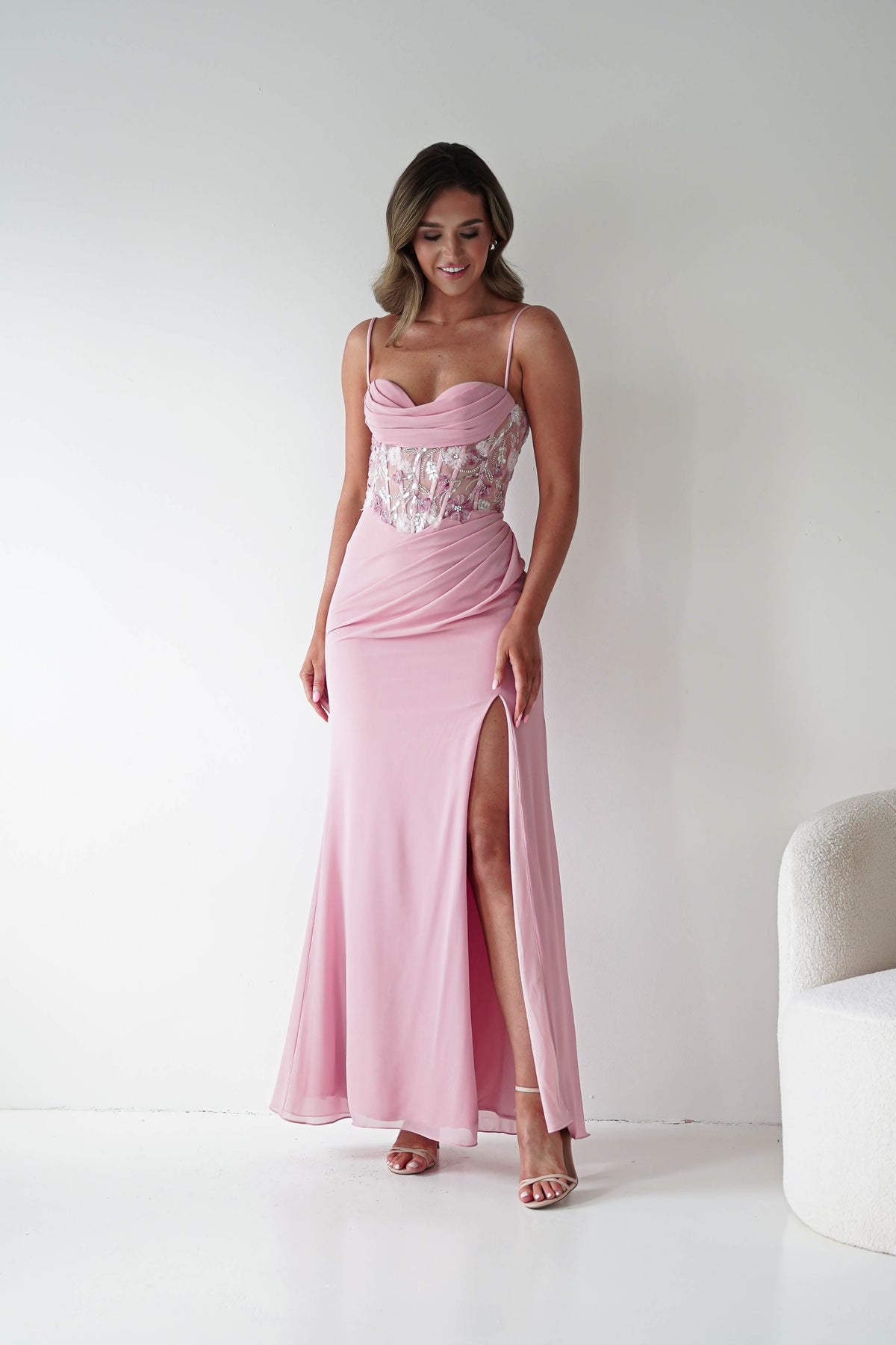 Lissy Floral Beaded Corset Maxi Gown | Pink-Oh Hello Clothing