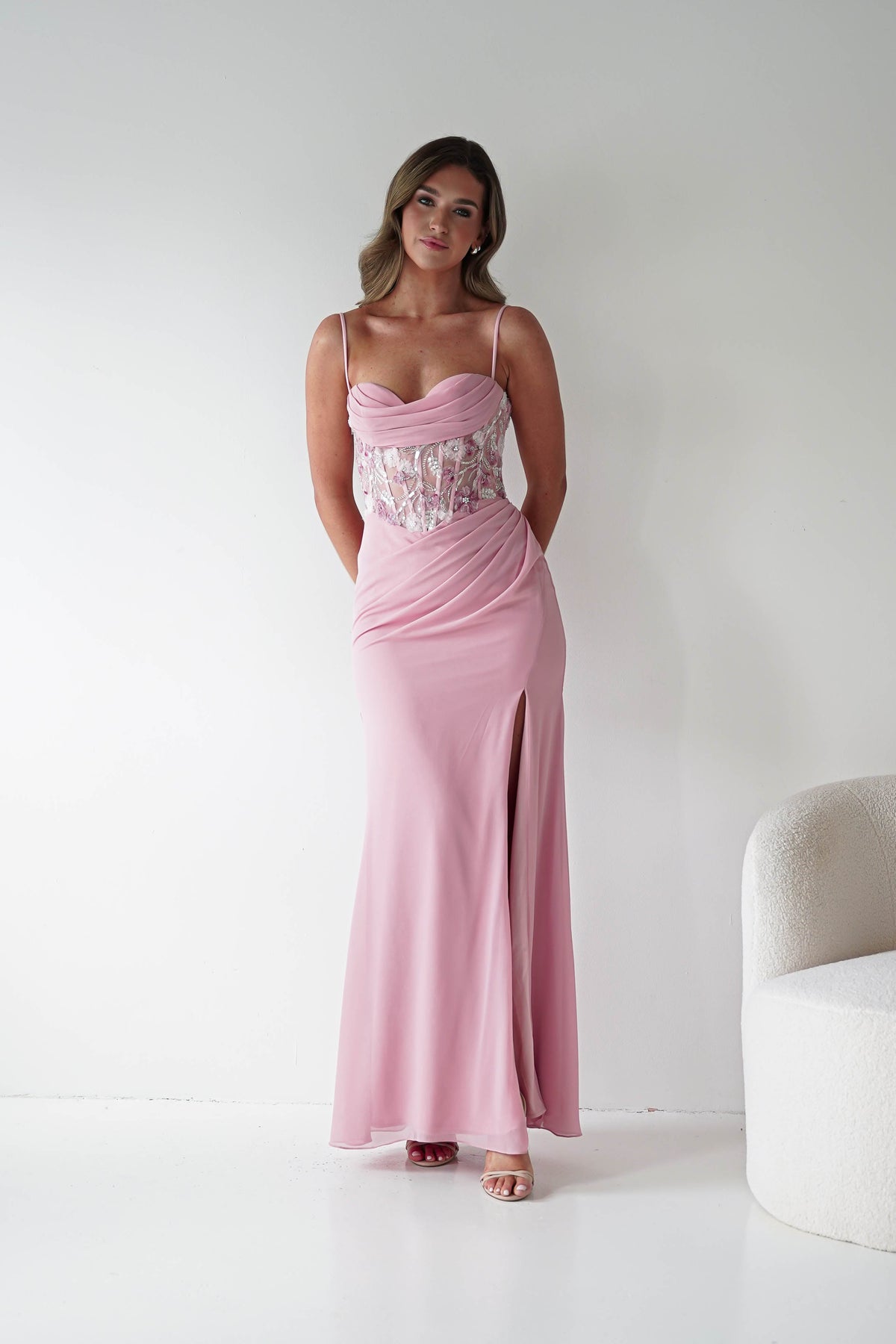 Lissy Floral Beaded Corset Maxi Gown | Pink-Oh Hello Clothing