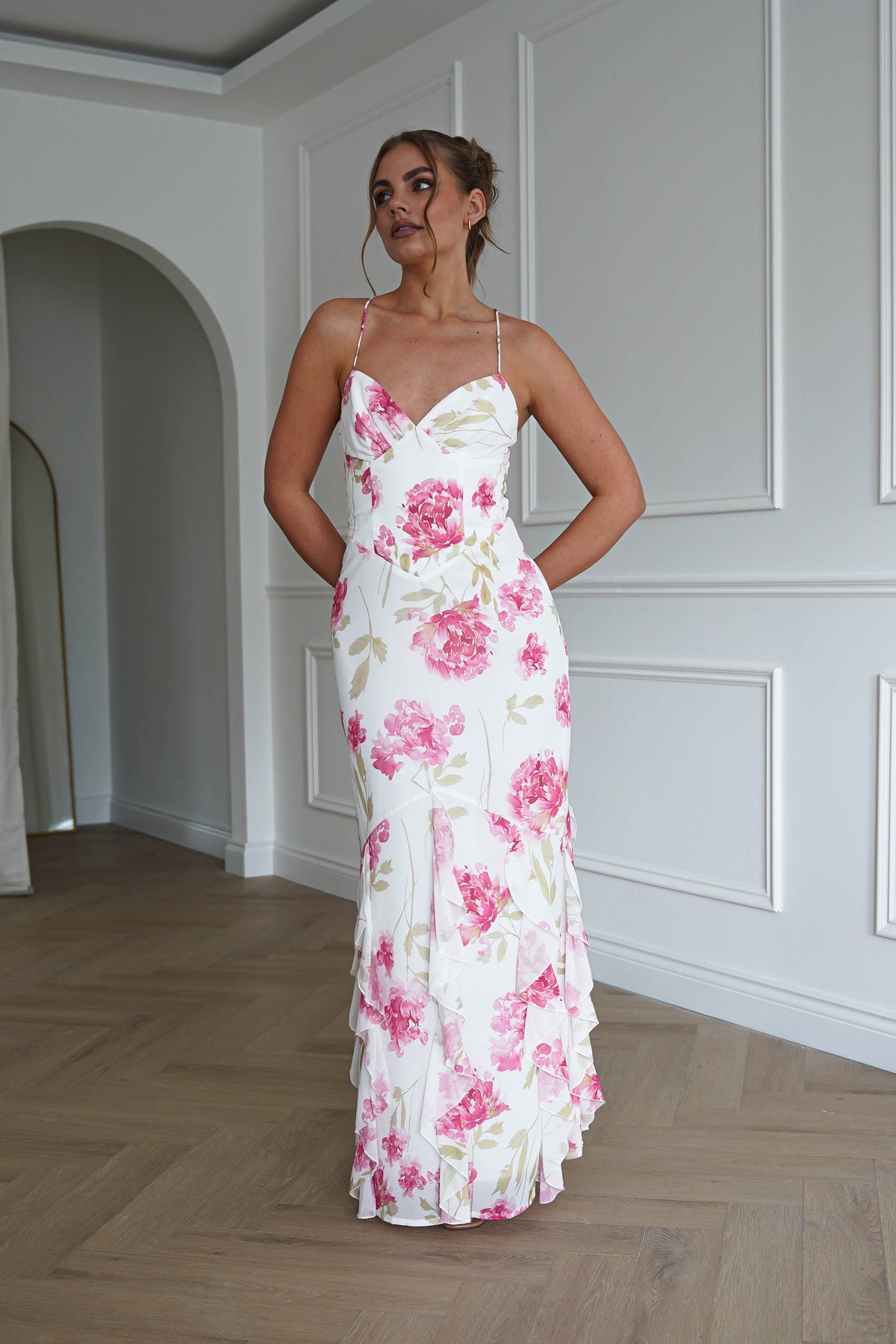 Loralie Floral Ruffle Hem Maxi Dress | White/Pink-Oh Hello Clothing