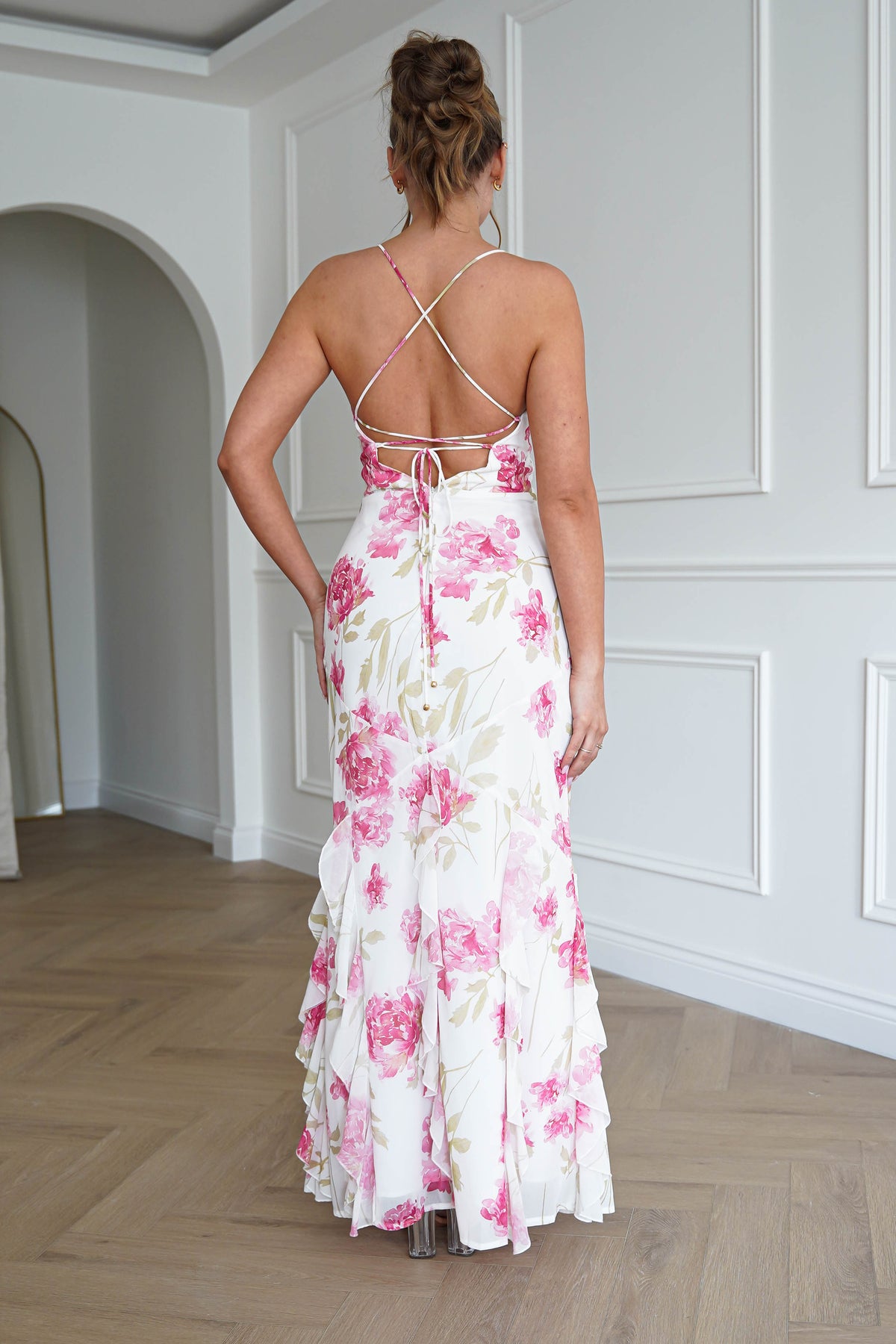 Loralie Floral Ruffle Hem Maxi Dress | White/Pink-Oh Hello Clothing