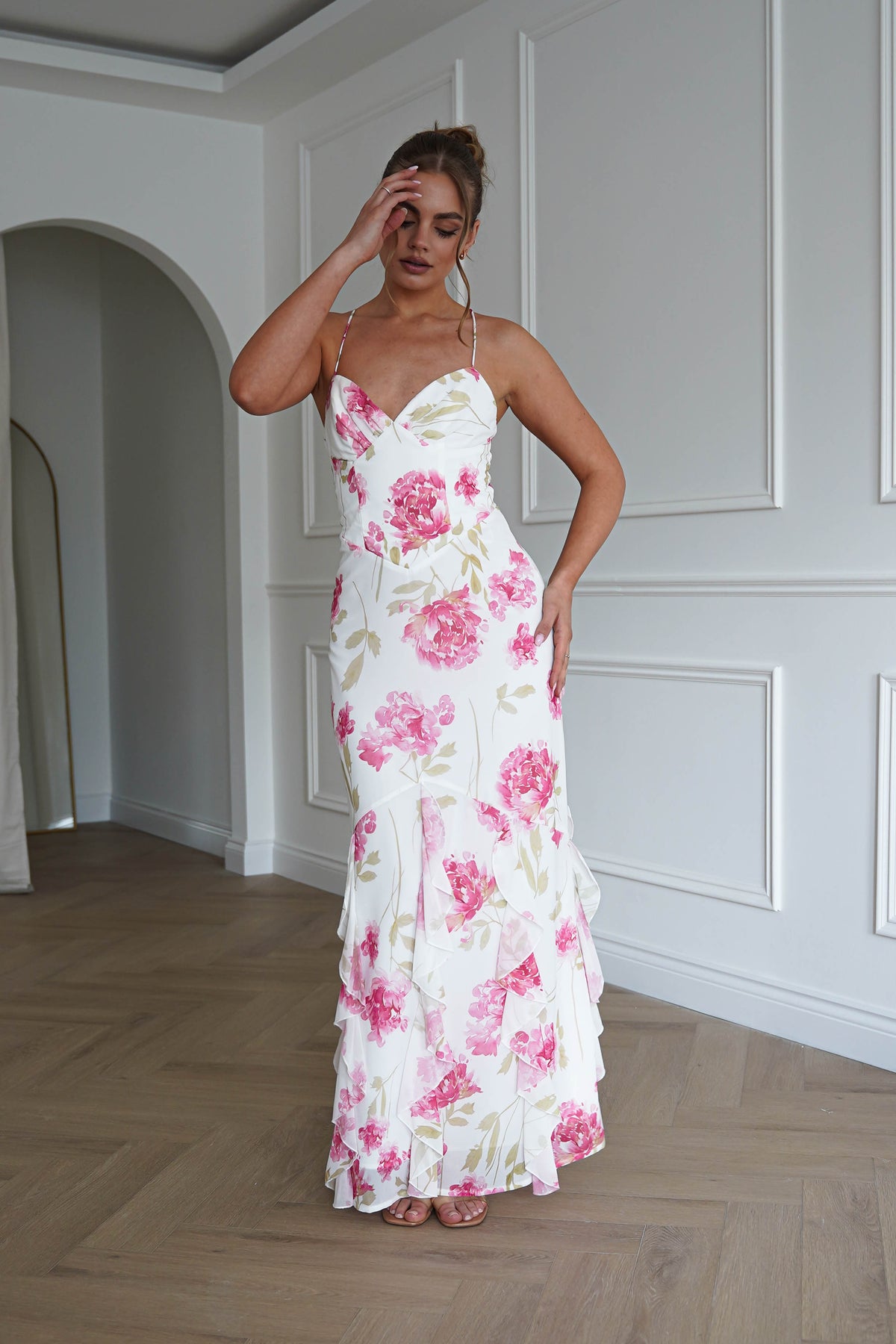Loralie Floral Ruffle Hem Maxi Dress | White/Pink-Oh Hello Clothing