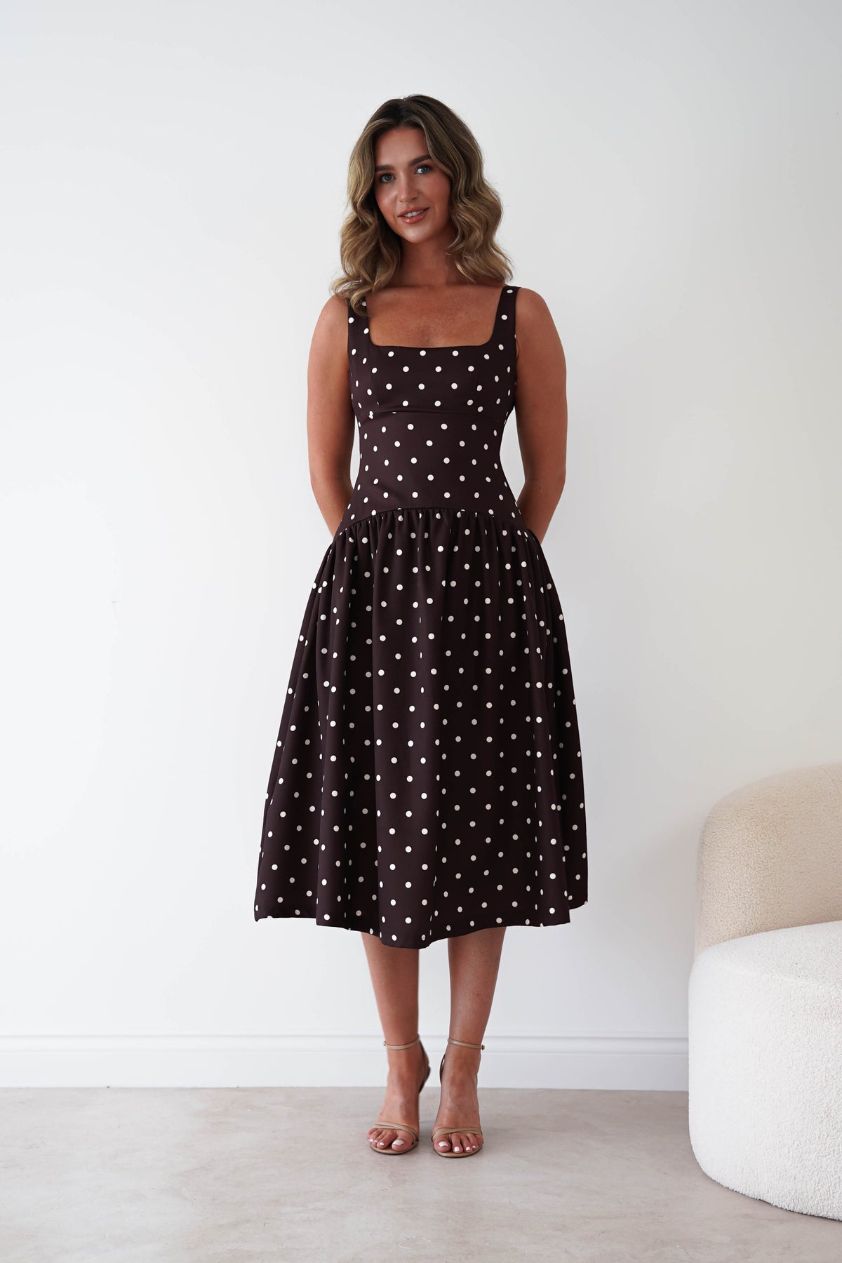 Lorna Square Neck Polka Dot Midi Dress | Brown-Oh Hello Clothing