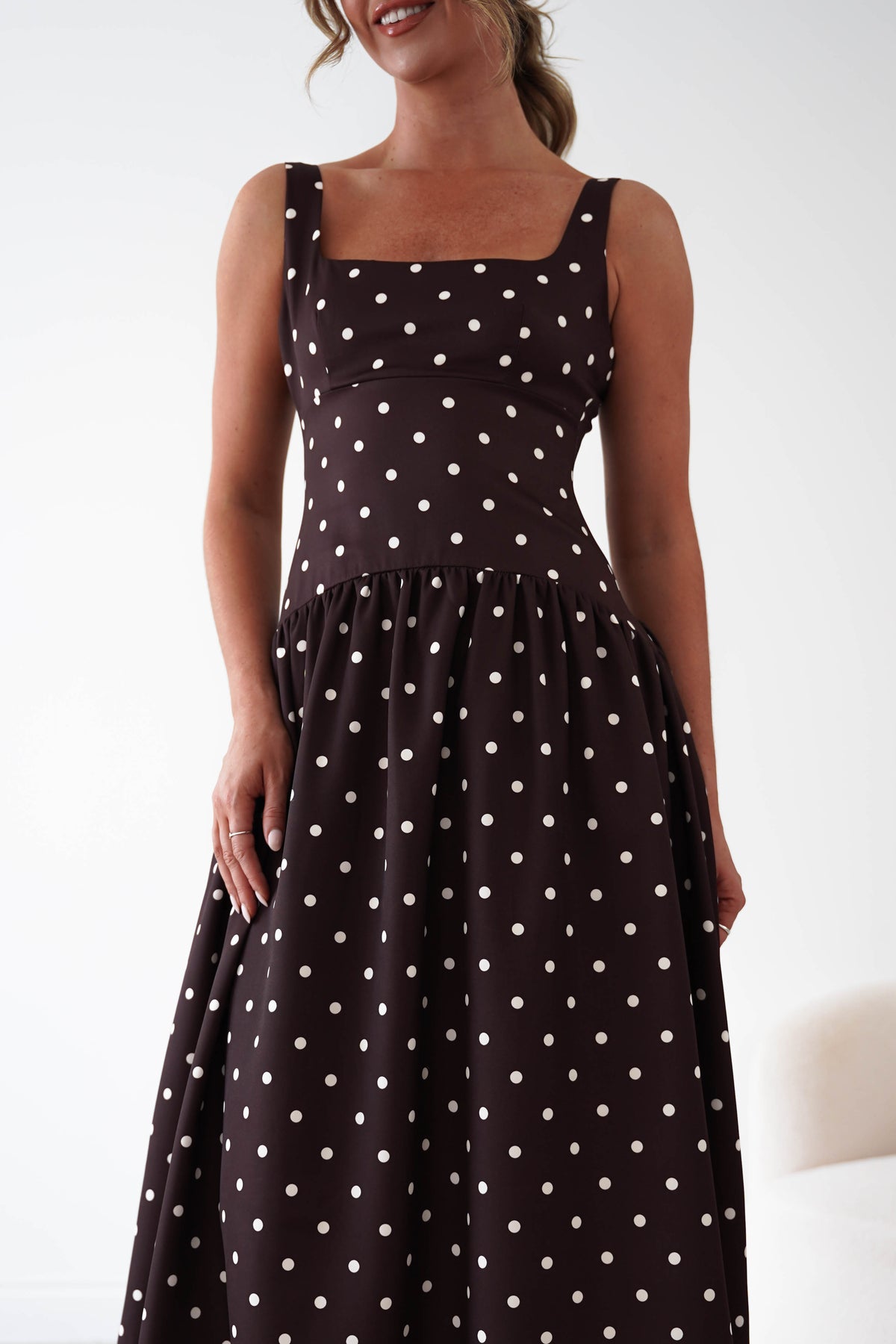 Lorna Square Neck Polka Dot Midi Dress | Brown-Oh Hello Clothing