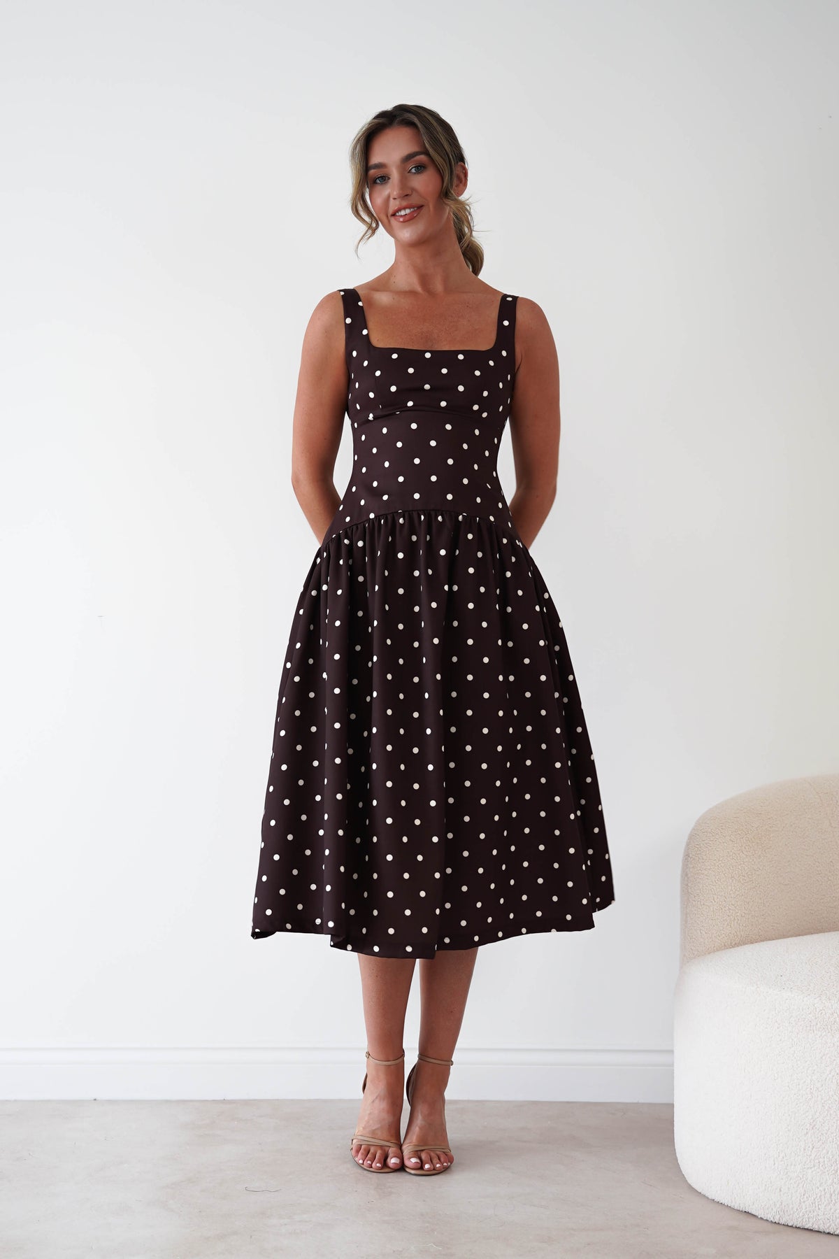 Lorna Square Neck Polka Dot Midi Dress | Brown-Oh Hello Clothing