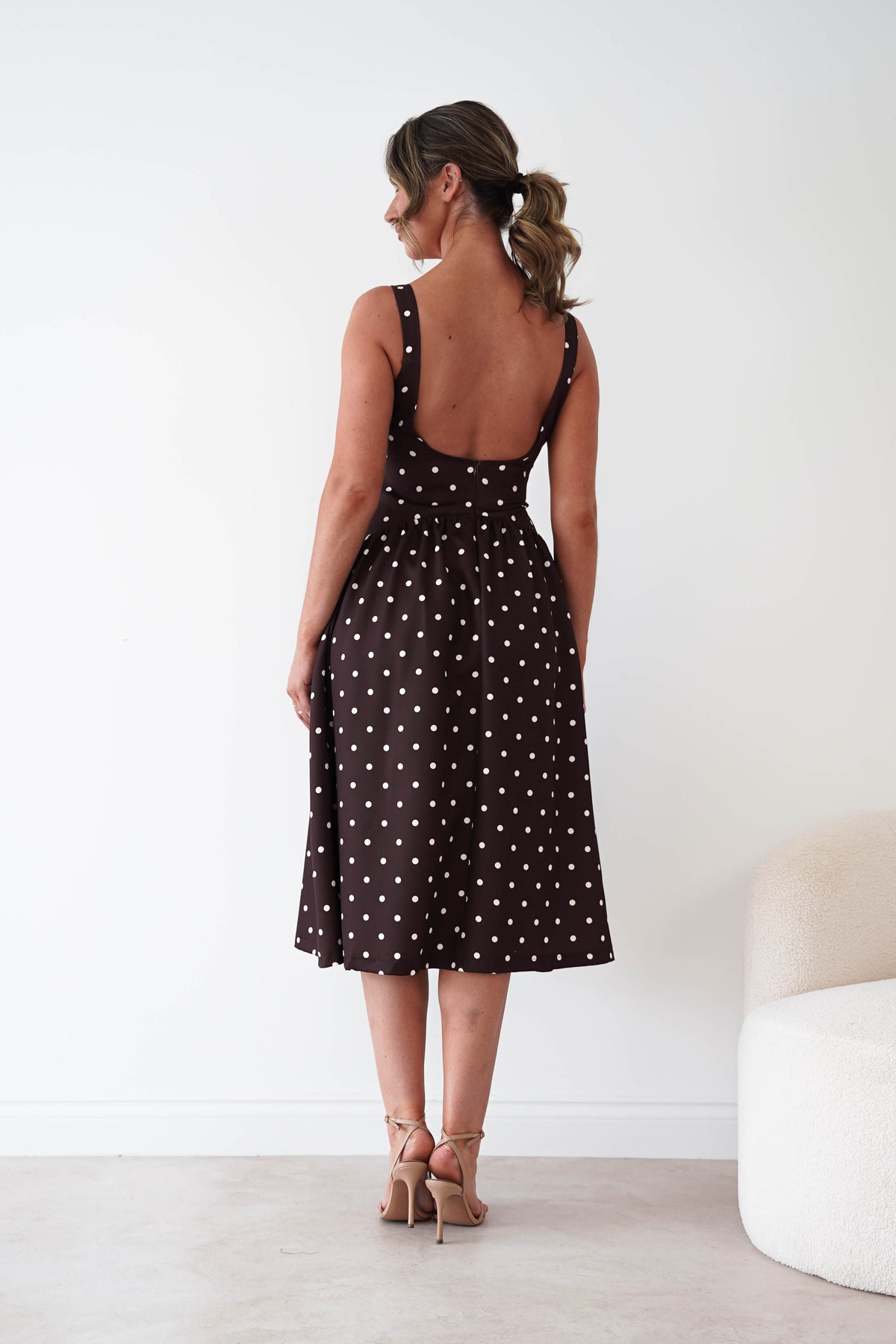 Lorna Square Neck Polka Dot Midi Dress | Brown-Oh Hello Clothing